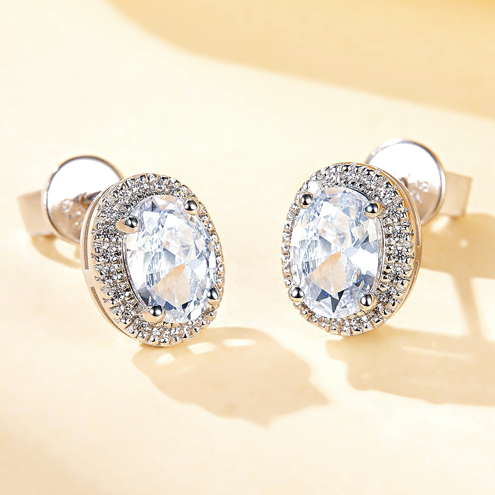 925 Sterling Silver Cz Oval Halo Ladies Stud Earrings
