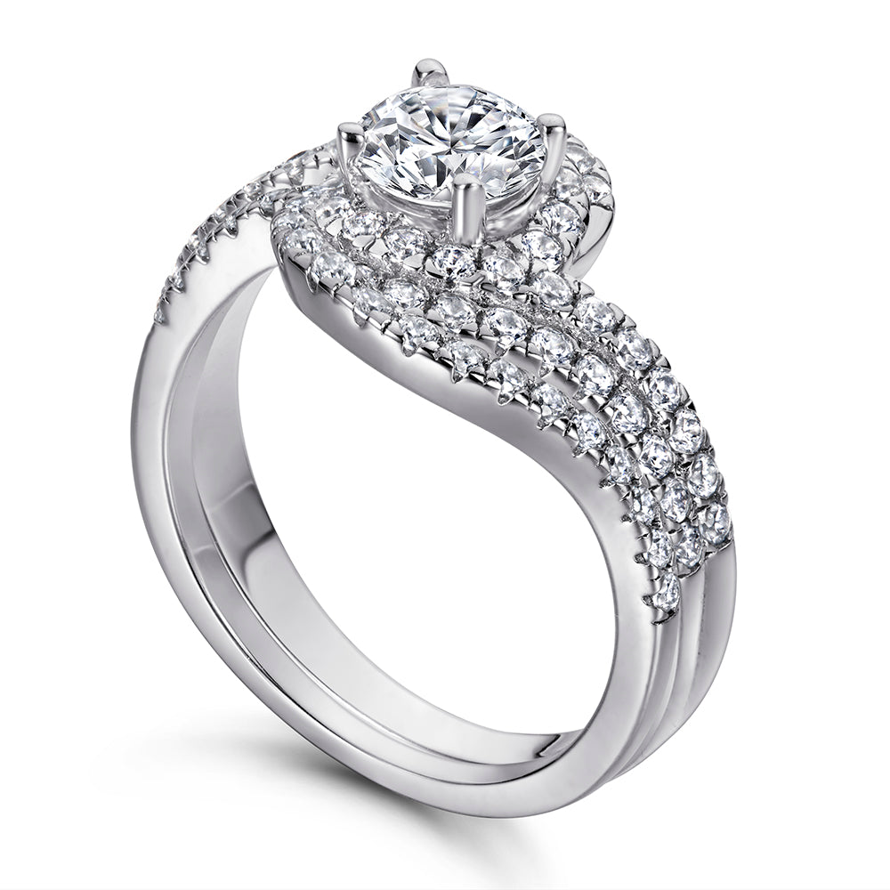 925 Sterling Silver Swirl Halo Design Cz Ladies Ring Set