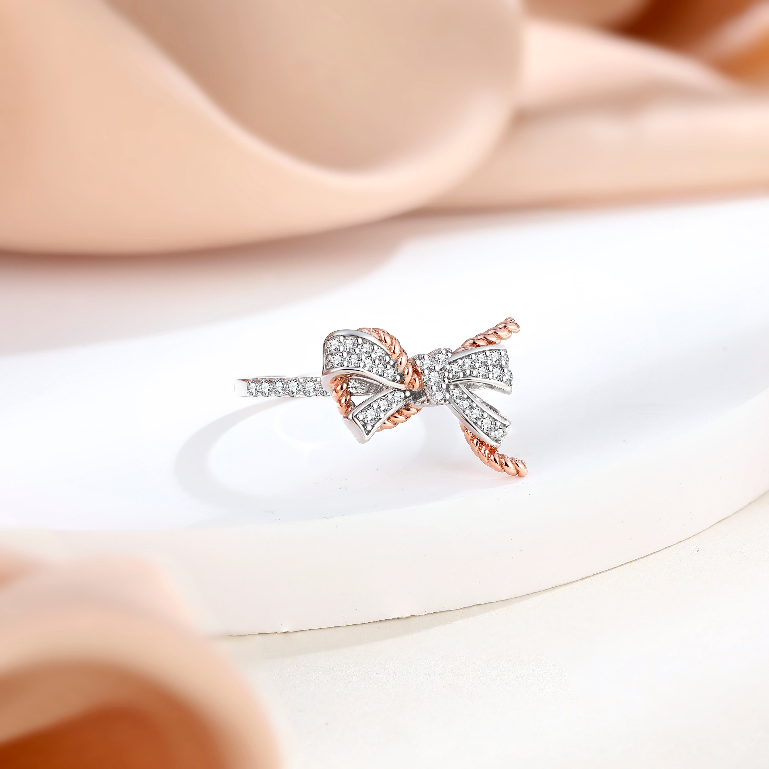 925 Sterling Silver with Rose Gold Cz Bow Design ladies Ring