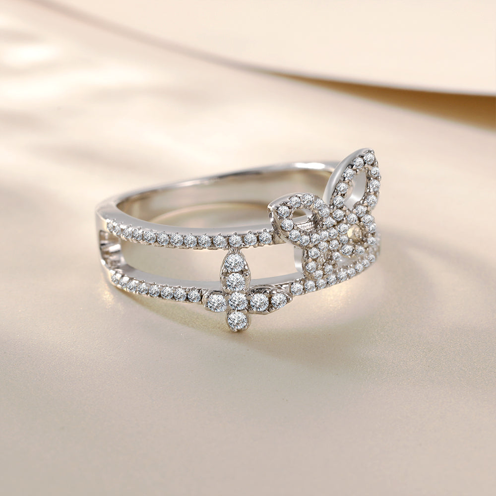 925 Sterling Silver Open Band with Cz Butterflies Ladies Ring