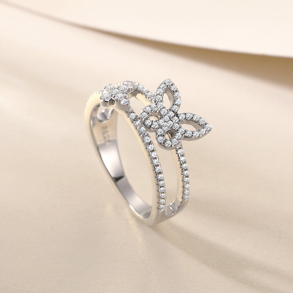925 Sterling Silver Open Band with Cz Butterflies Ladies Ring