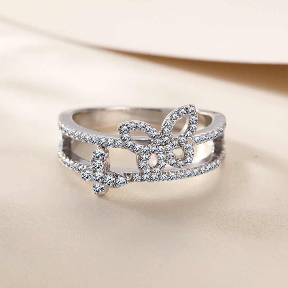 925 Sterling Silver Open Band with Cz Butterflies Ladies Ring