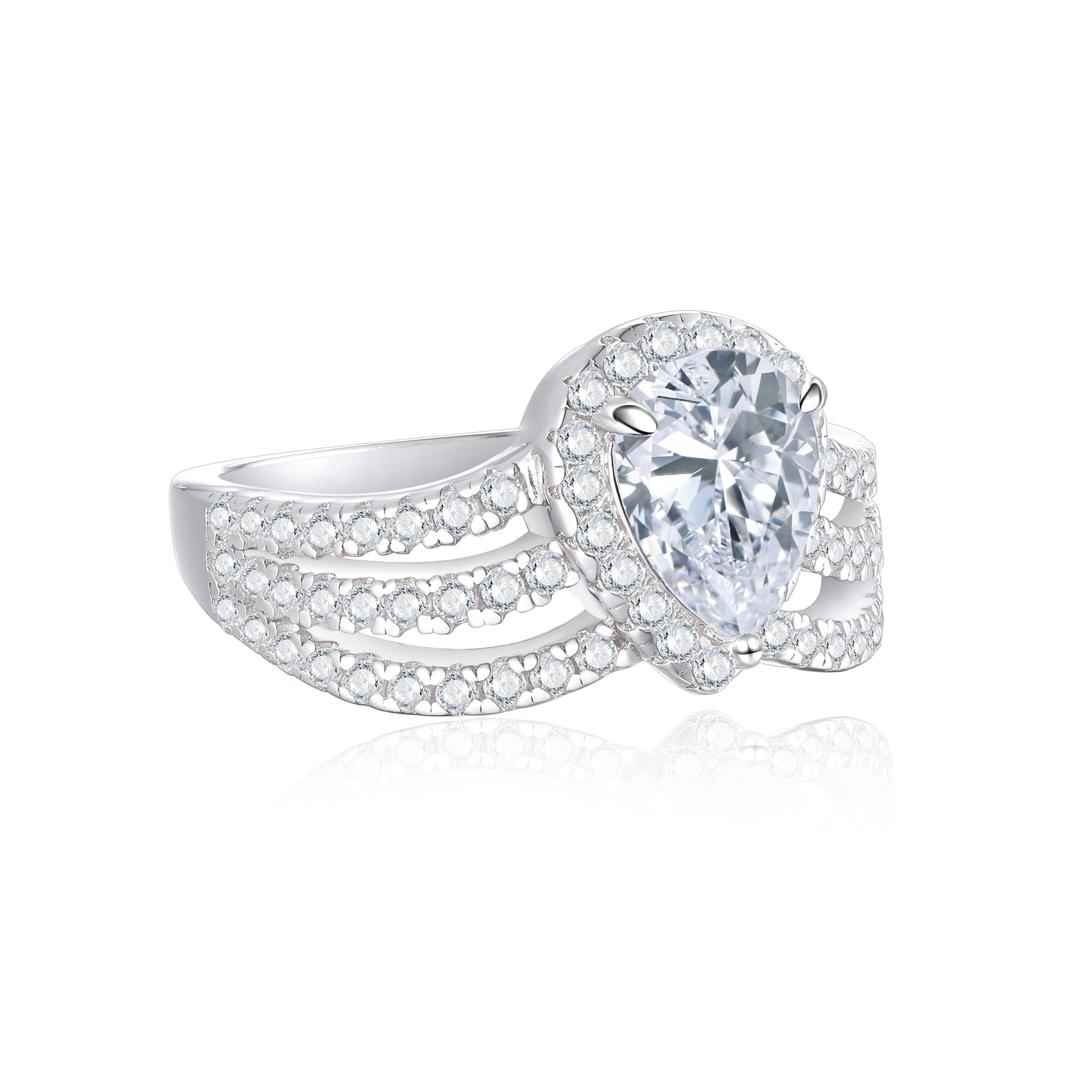 925 Sterling Silver Cz Pear Cut Halo with Triple Row Cz Band Ladies Ring