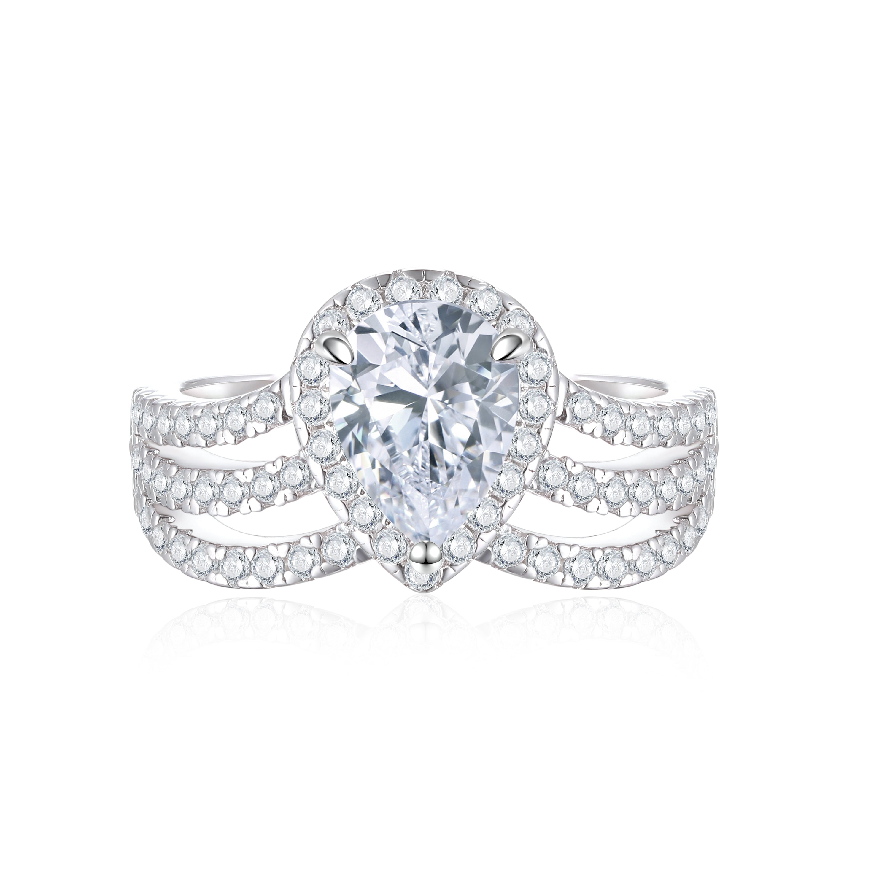 925 Sterling Silver Cz Pear Cut Halo with Triple Row Cz Band Ladies Ring