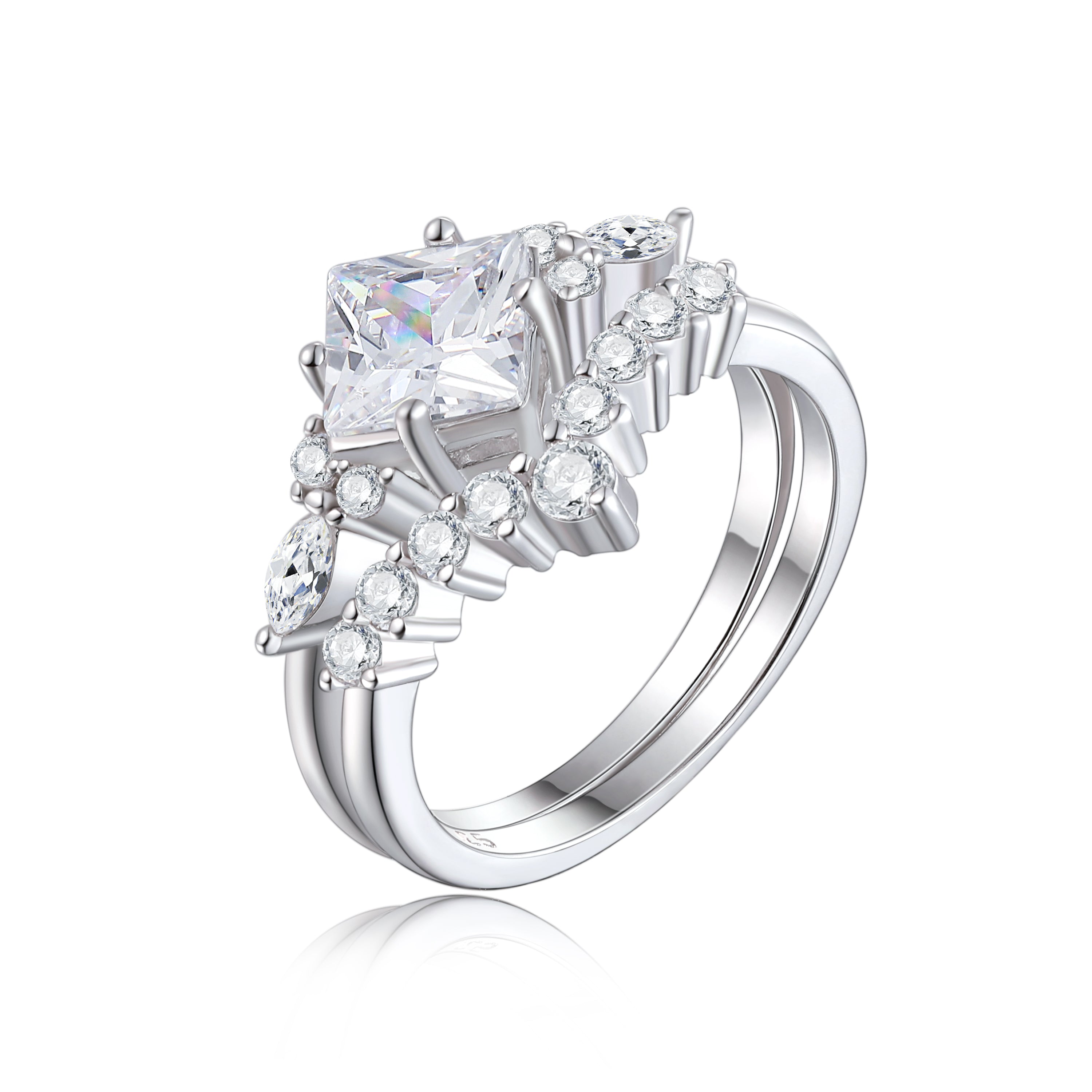 925 Sterling Silver Princess Cut Cz Tiara Style Ladies Ring Set