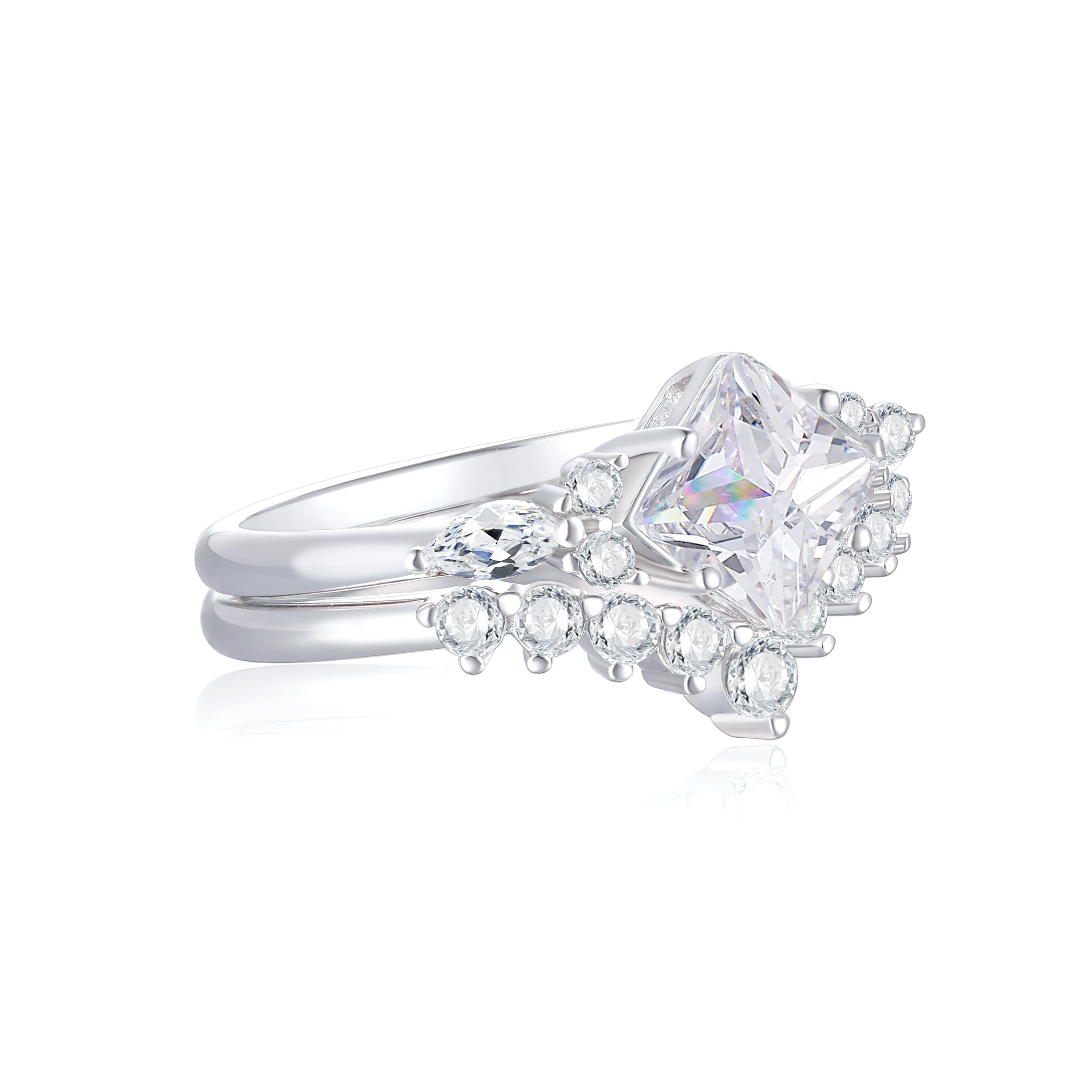 925 Sterling Silver Princess Cut Cz Tiara Style Ladies Ring Set