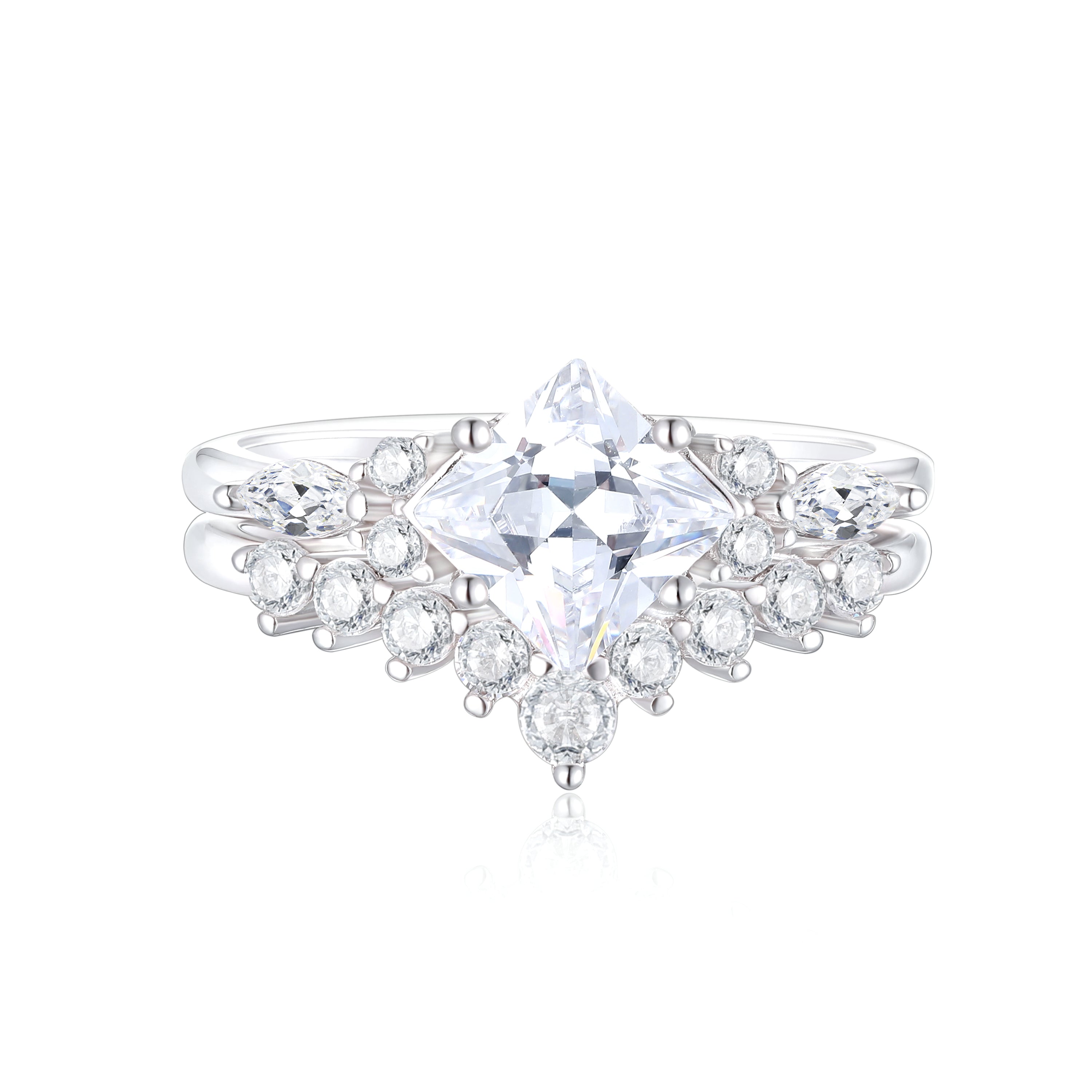925 Sterling Silver Princess Cut Cz Tiara Style Ladies Ring Set