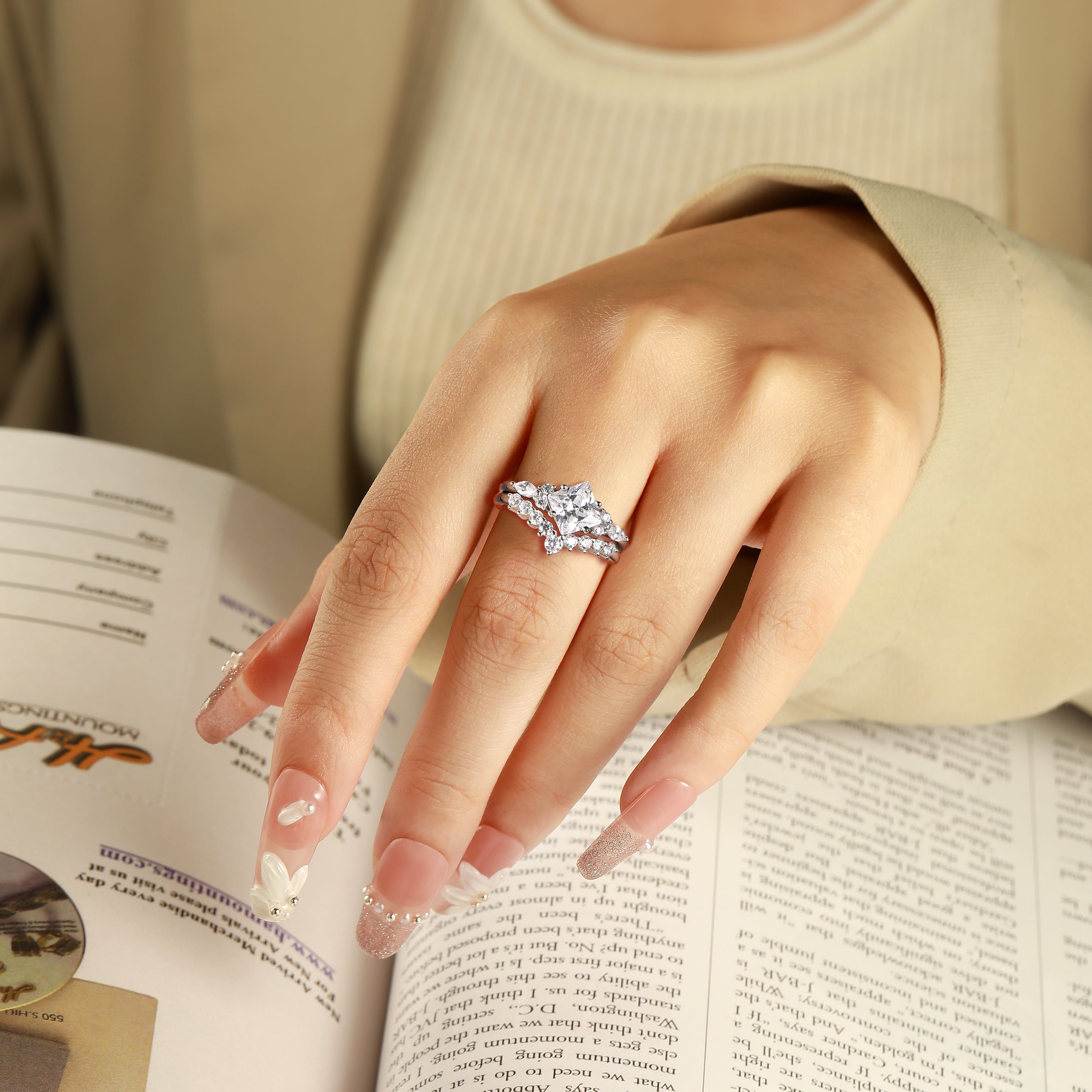 925 Sterling Silver Princess Cut Cz Tiara Style Ladies Ring Set