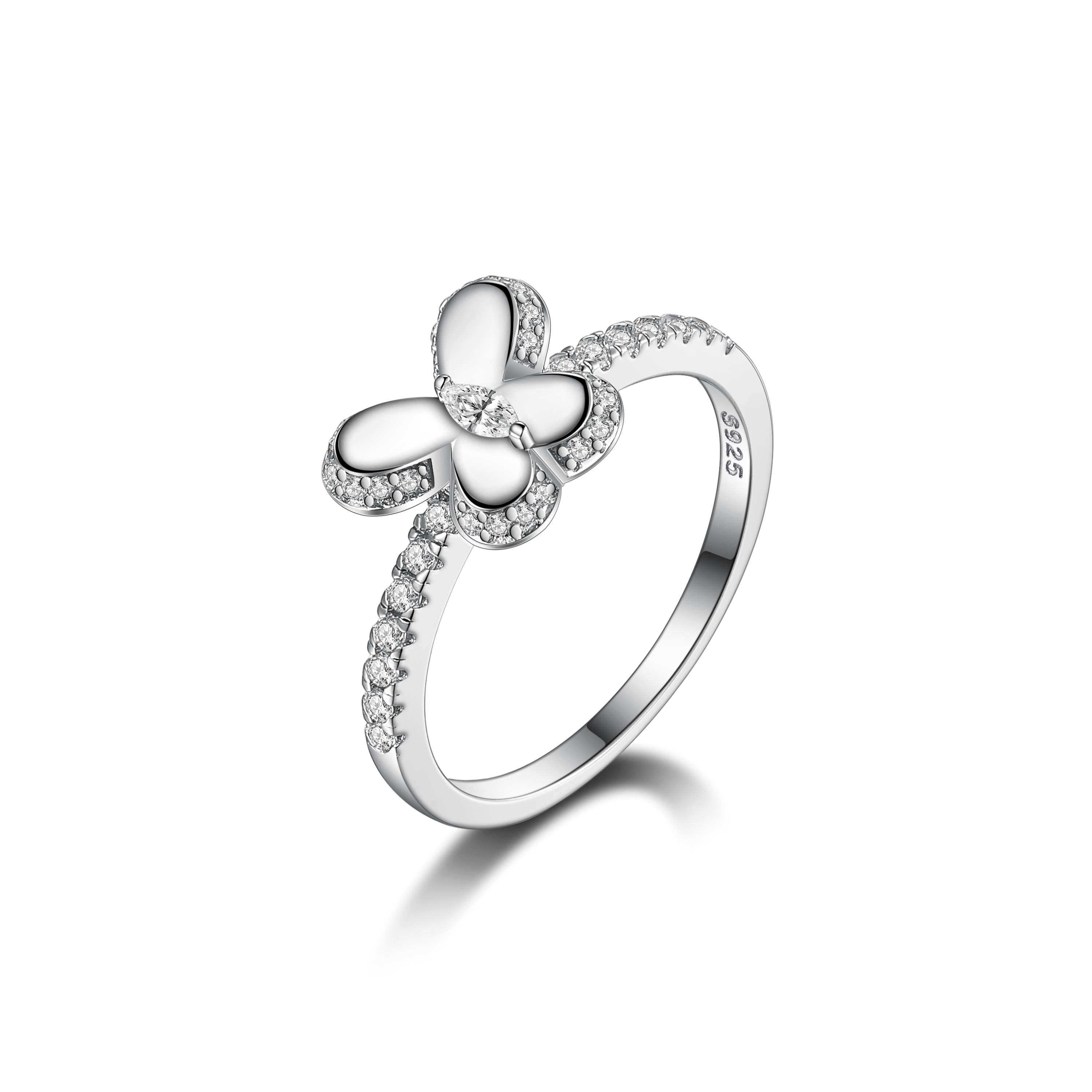 925 Sterling Silver Cz & White Enamel Butterfly Ladies Ring