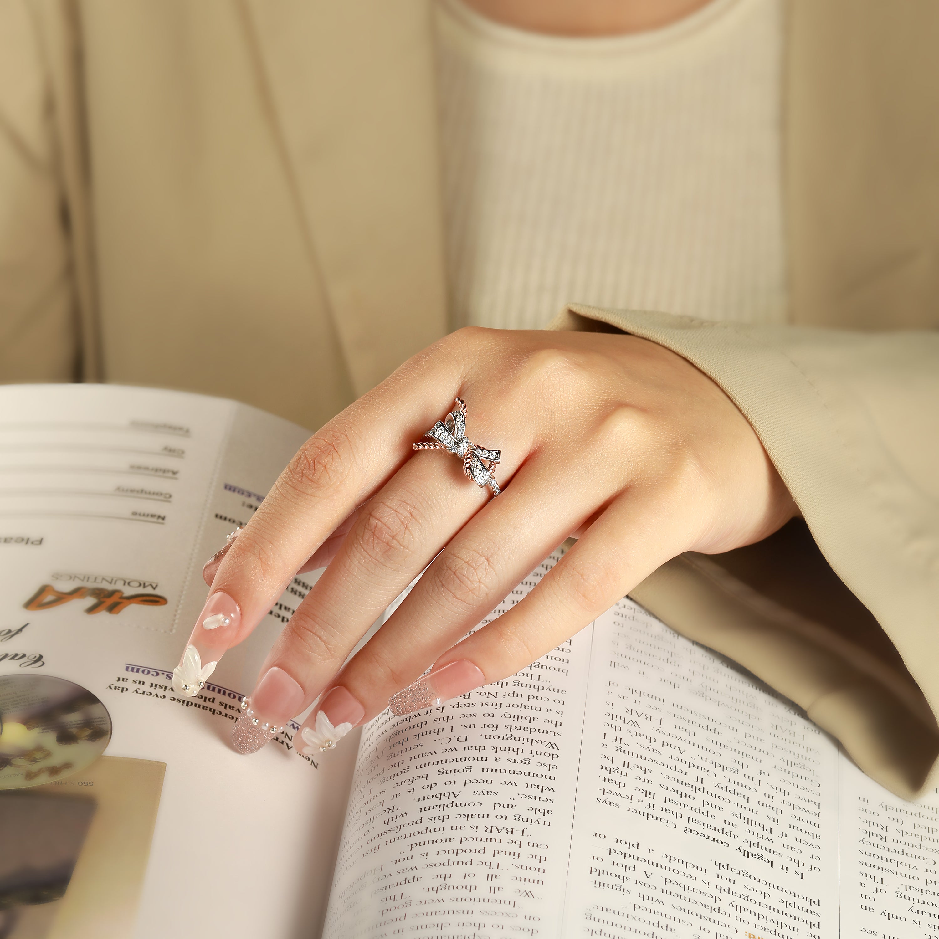 925 Sterling Silver with Rose Gold Cz Bow Design ladies Ring