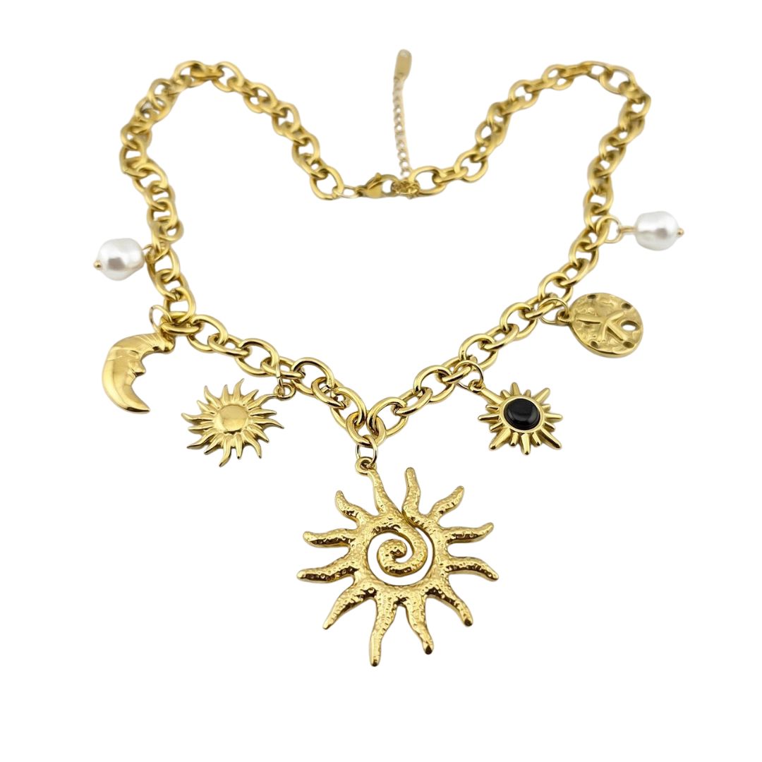 Sun & Moon Charm Necklace – Gold-Tone Layered Statement Piece