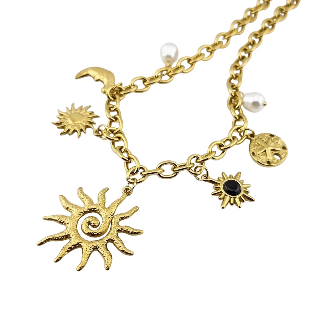 Sun & Moon Charm Necklace – Gold-Tone Layered Statement Piece