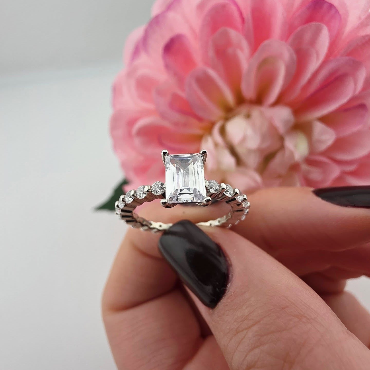 925 Sterling Silver Emerald Cut Cz Centre with Fancy Cz Band Ladies Ring