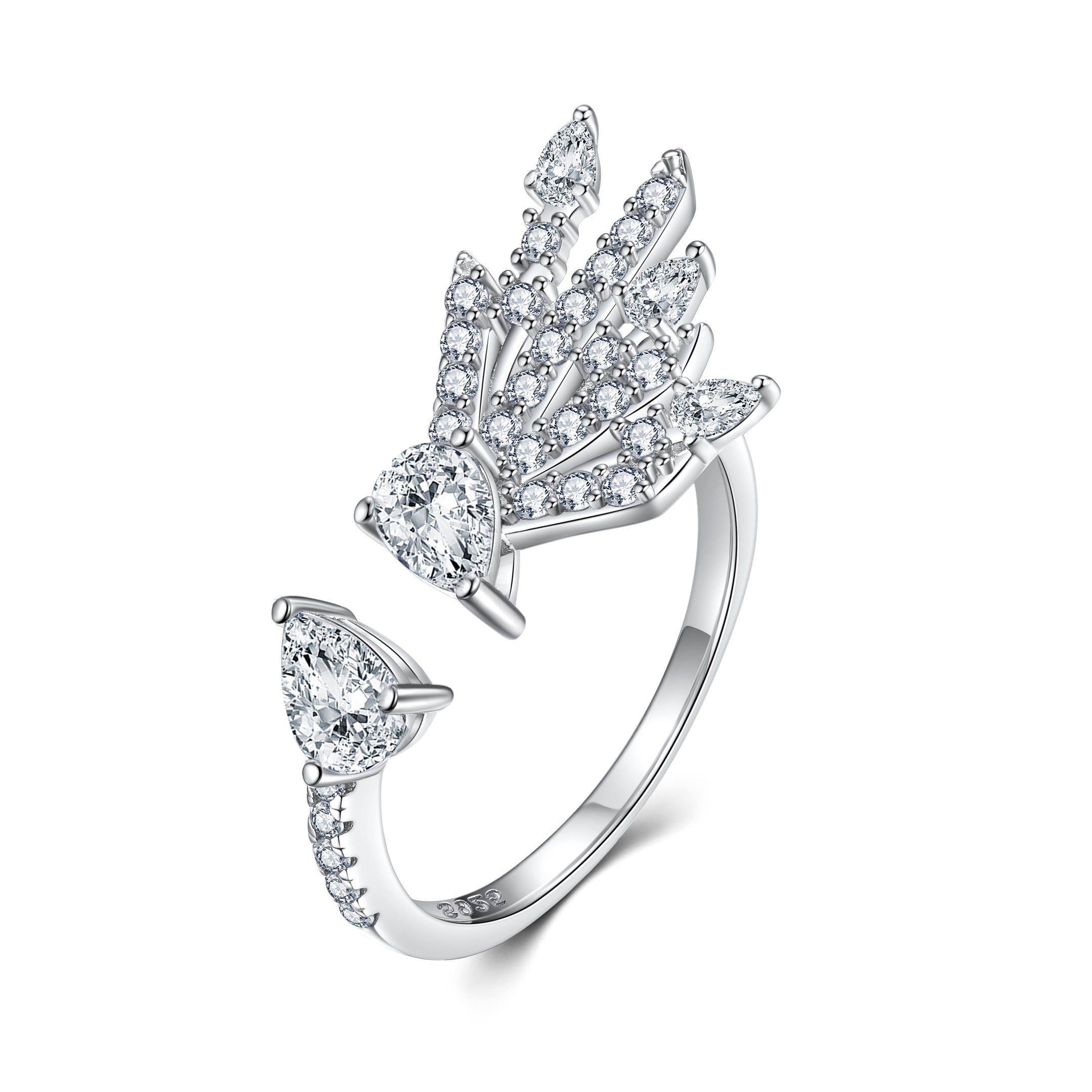 925 Sterling Silver Cz Double Pear Cut Angel Wing Open Ladies Ring