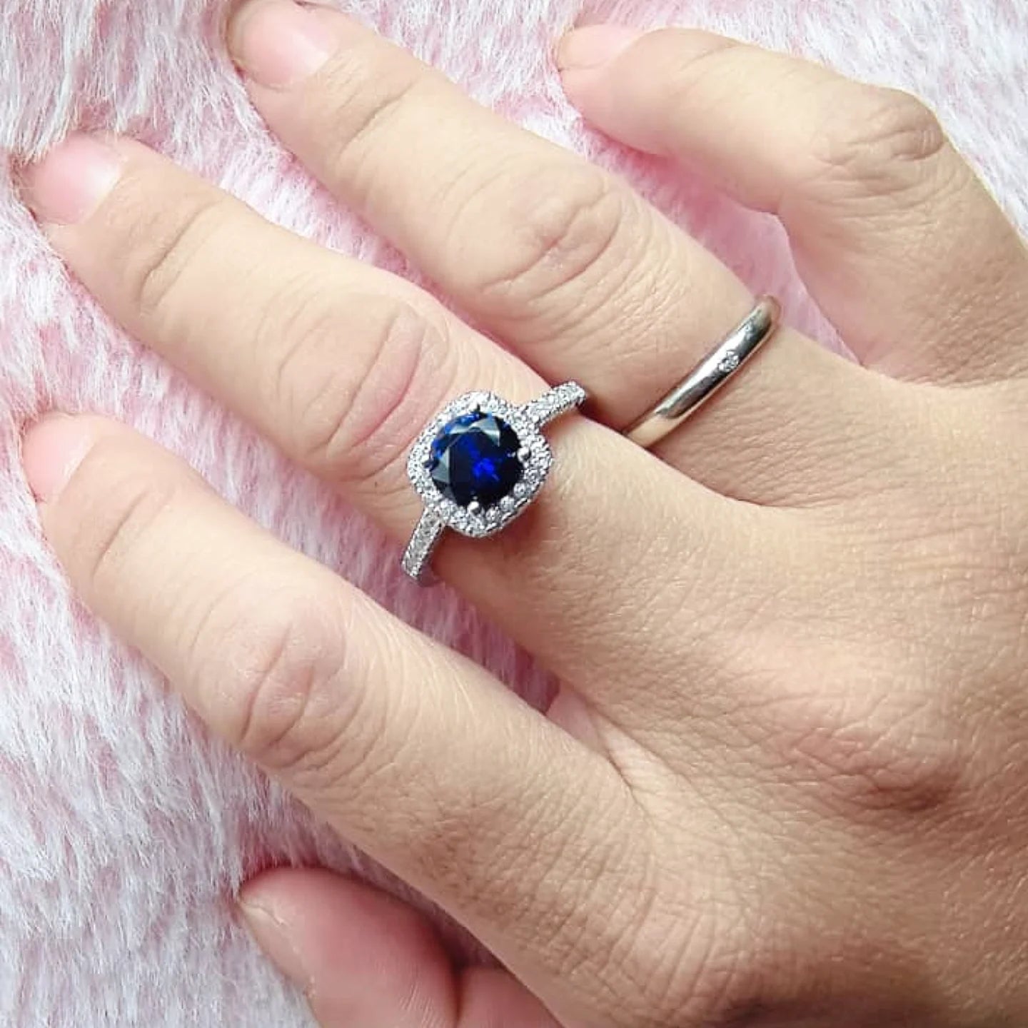 925 Sterling Silver Blue Sapphire Cz Round Centre with Square Halo Ladies Ring