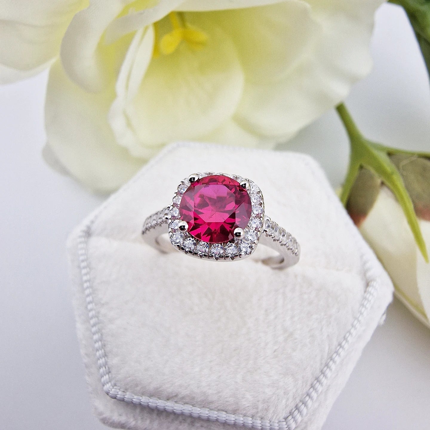 925 Sterling Silver Ruby Cz Round Centre with Square Halo Ladies Ring