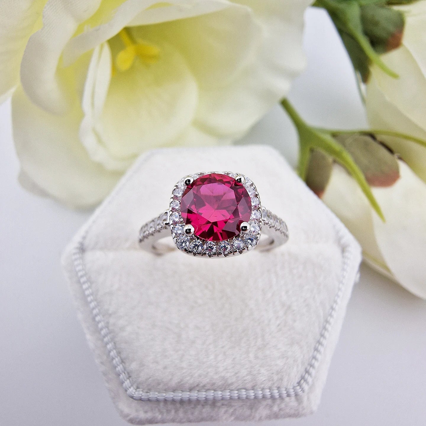 925 Sterling Silver Ruby Cz Round Centre with Square Halo Ladies Ring
