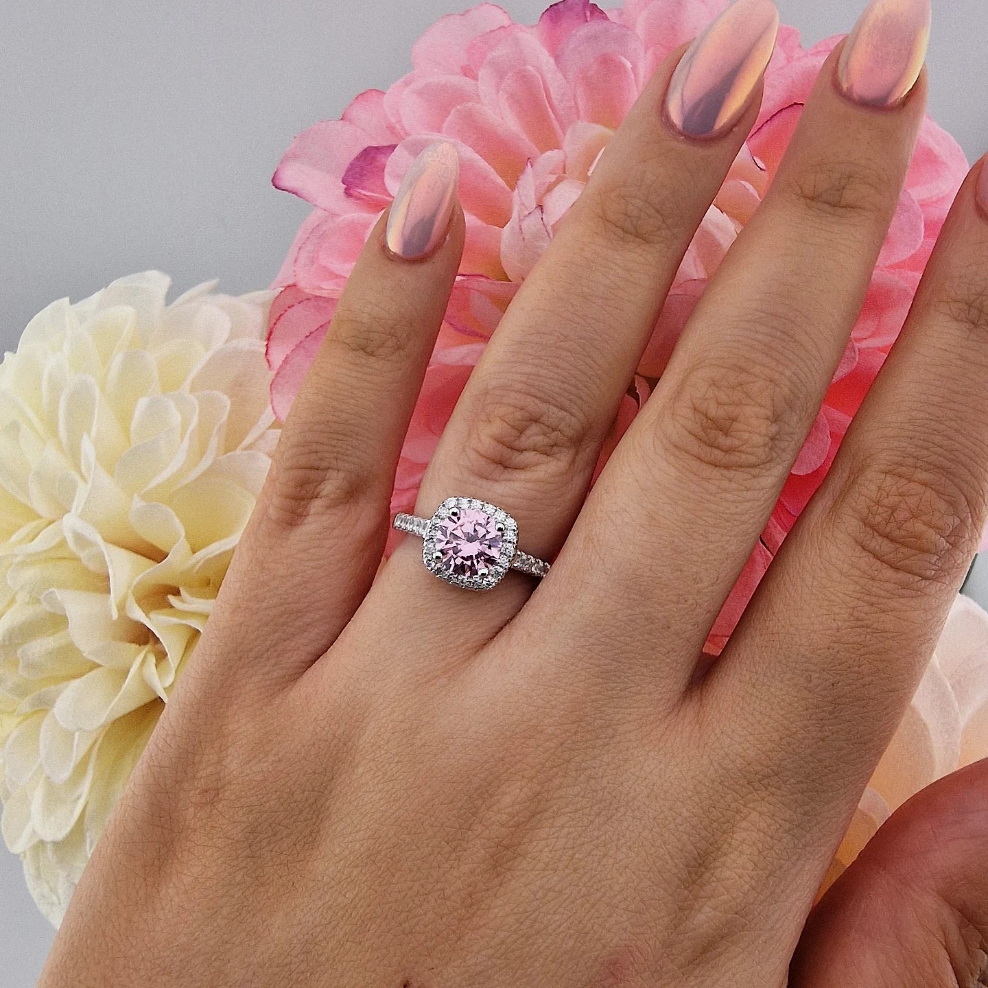 925 Sterling Silver Pink Cz Round Centre with Square Halo Ladies Ring
