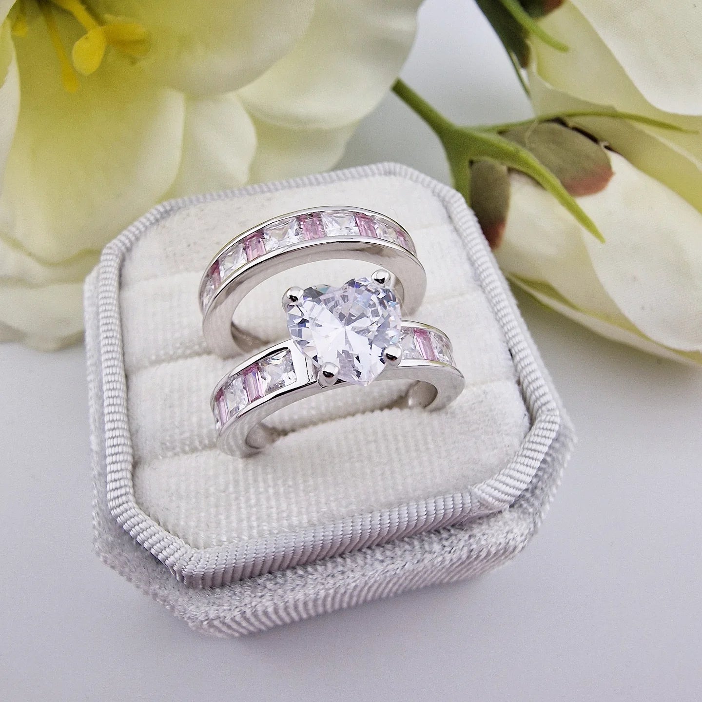 925 Sterling Silver Cz Heart with Pink & White Princess Cut Band Ladies Bridal Set