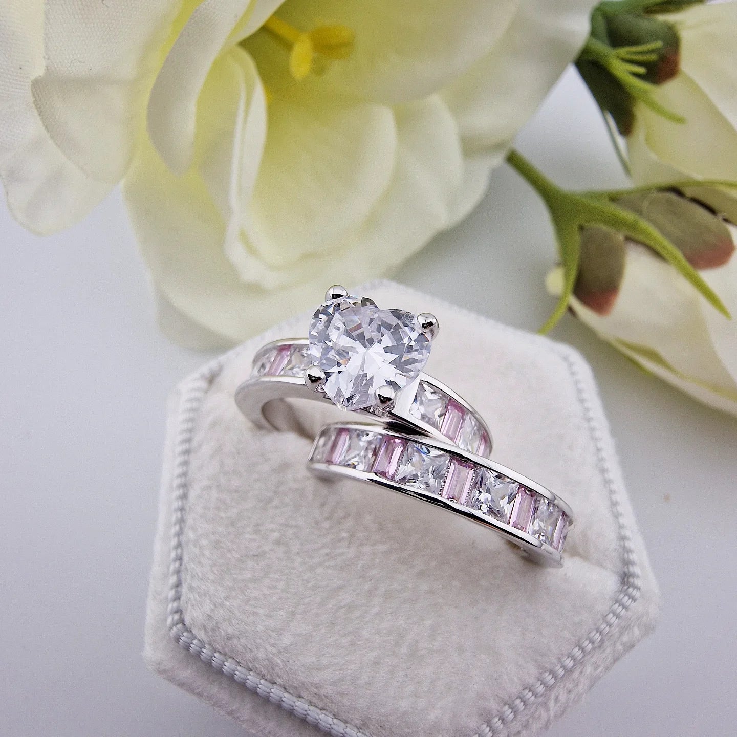 925 Sterling Silver Cz Heart with Pink & White Princess Cut Band Ladies Bridal Set