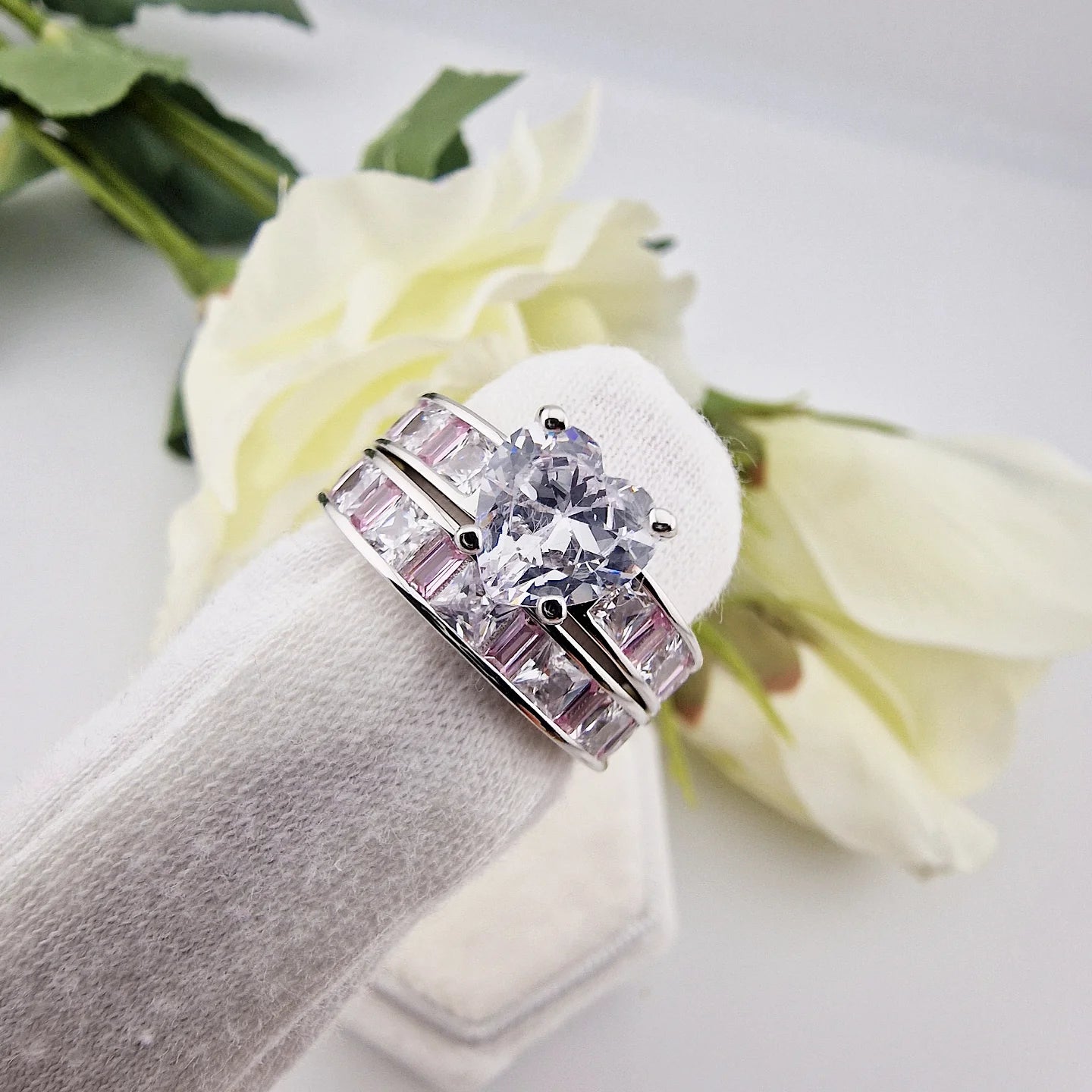 925 Sterling Silver Cz Heart with Pink & White Princess Cut Band Ladies Bridal Set