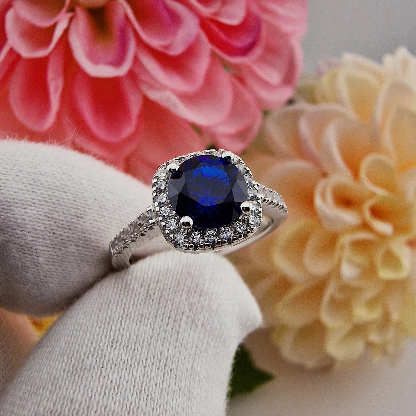 925 Sterling Silver Blue Sapphire Cz Round Centre with Square Halo Ladies Ring