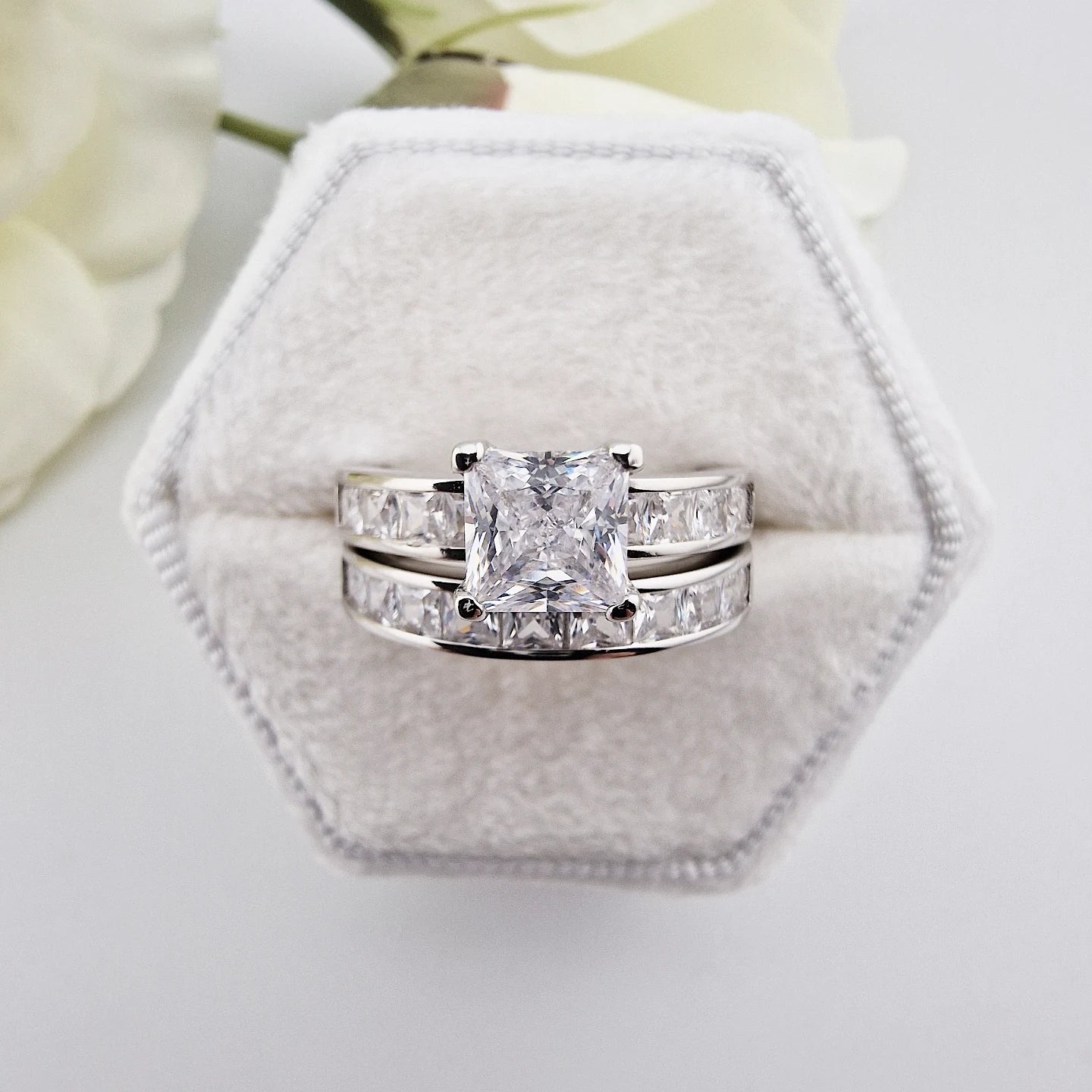 925 Sterling Silver Princess Cut Cz Centre with Channel Set Band Ladies Bridal Ring Set