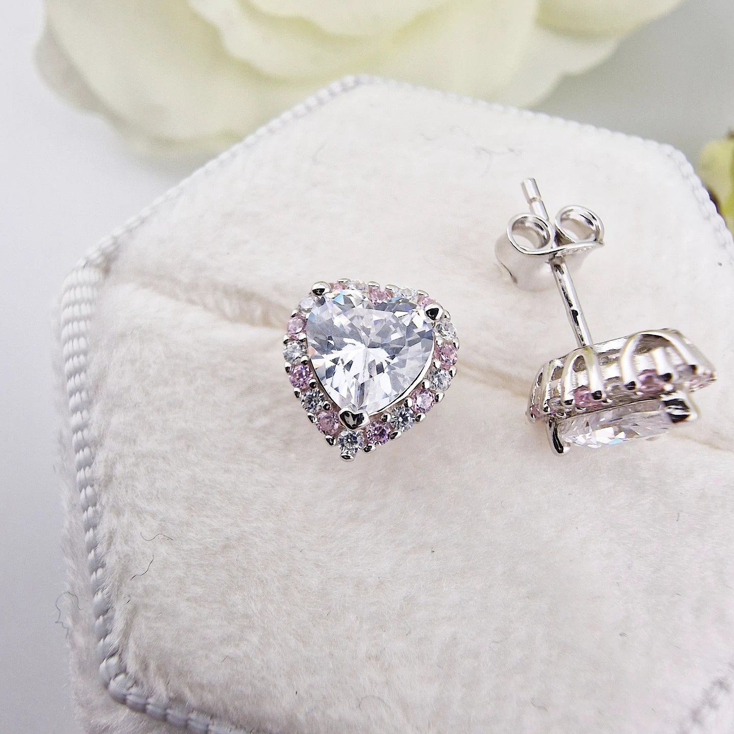 925 Sterling Silver Pink & White Cz Heart Ladies Stud Earrings
