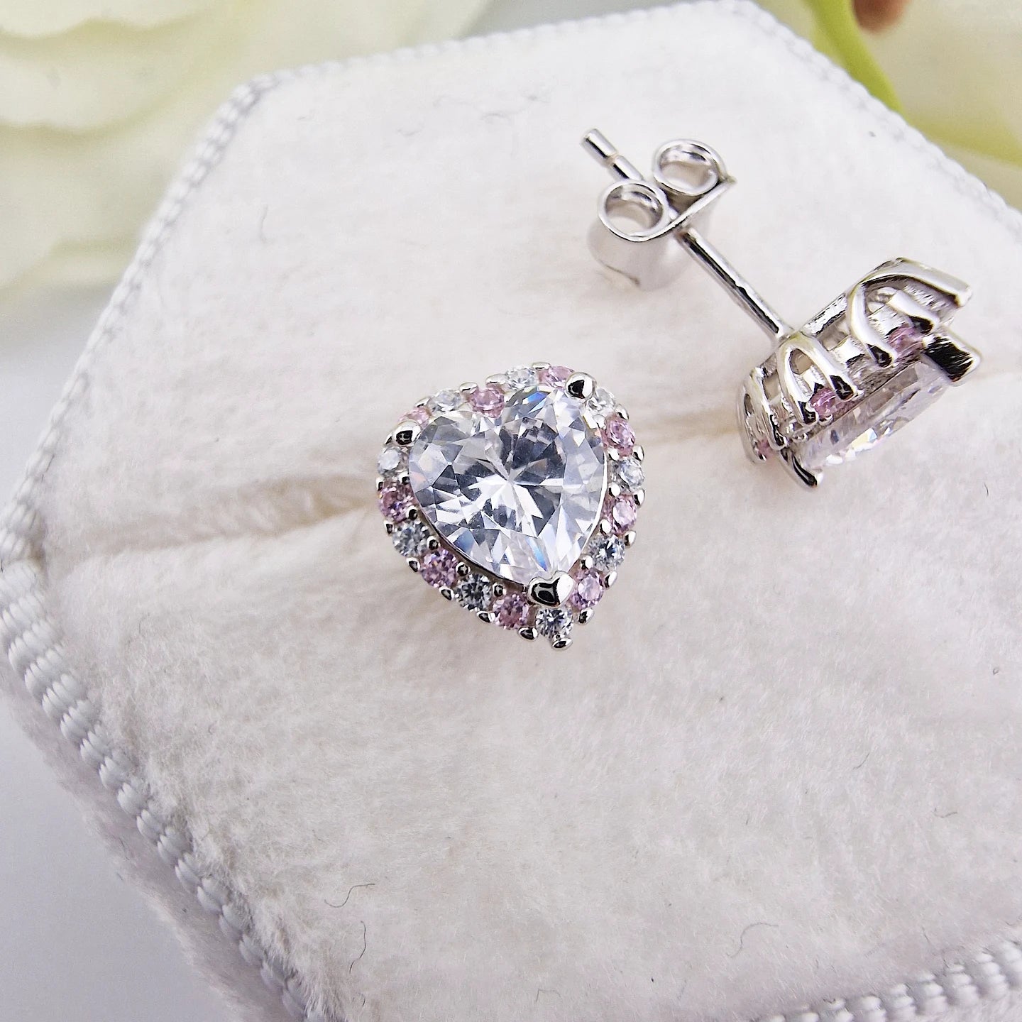 925 Sterling Silver Pink & White Cz Heart Ladies Stud Earrings