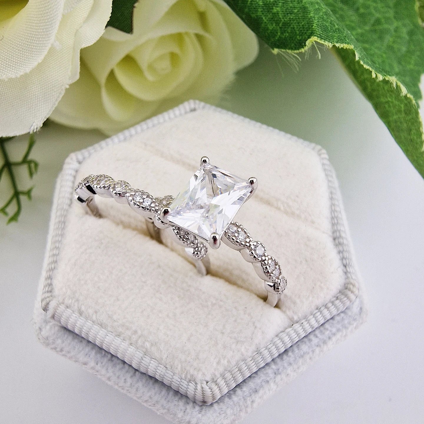 925 Sterling Silver Emerald Cut Cz Centre with Fancy Cz Band Ladies Bridal Ring Set