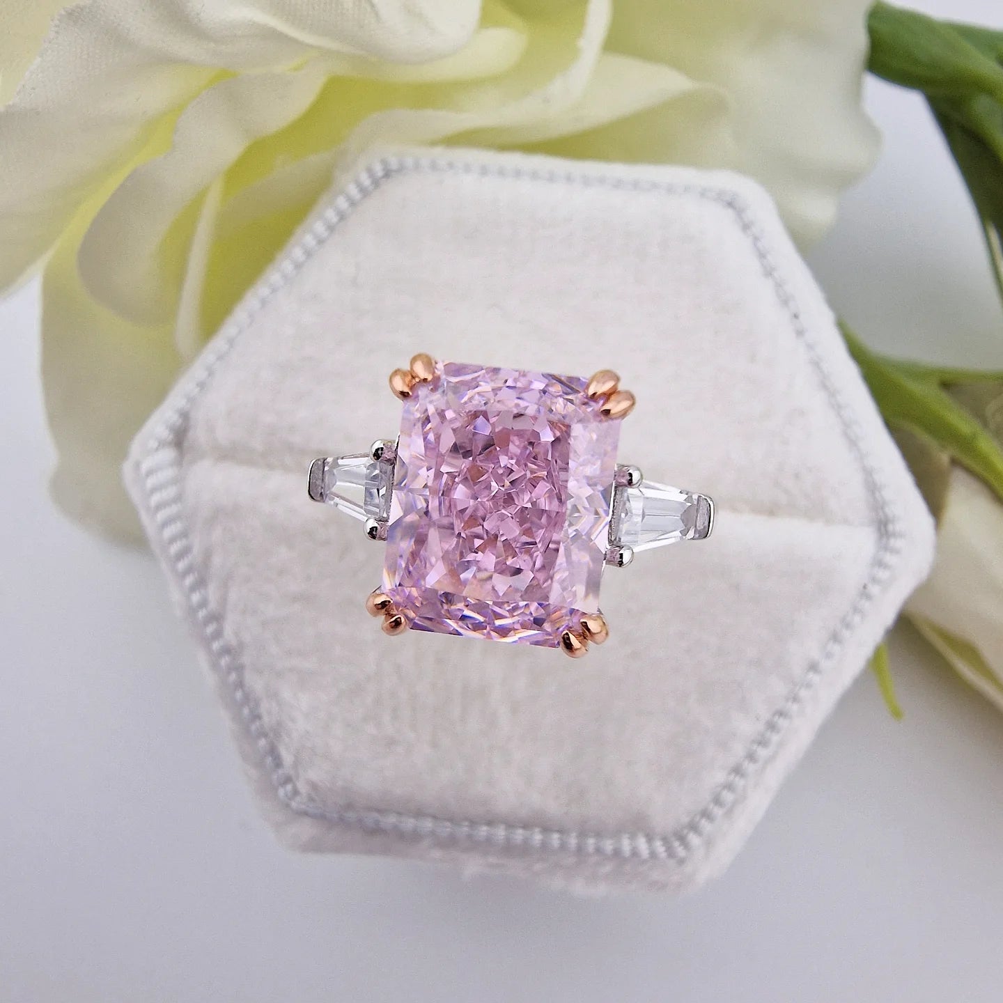 925 Sterling Silver Large Emerald Cut Pink Cz Centre with Baguette Sides Ladies Ring