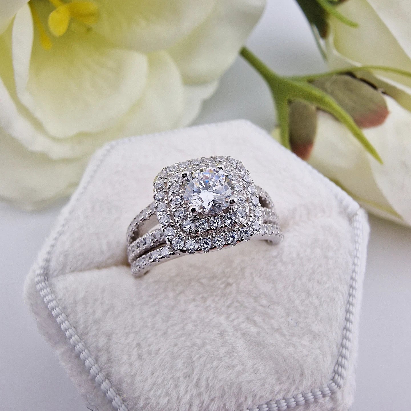 925 Sterling Silver Cz Round Centre Double Halo with Triple Band Ladies Bridal Ring Set
