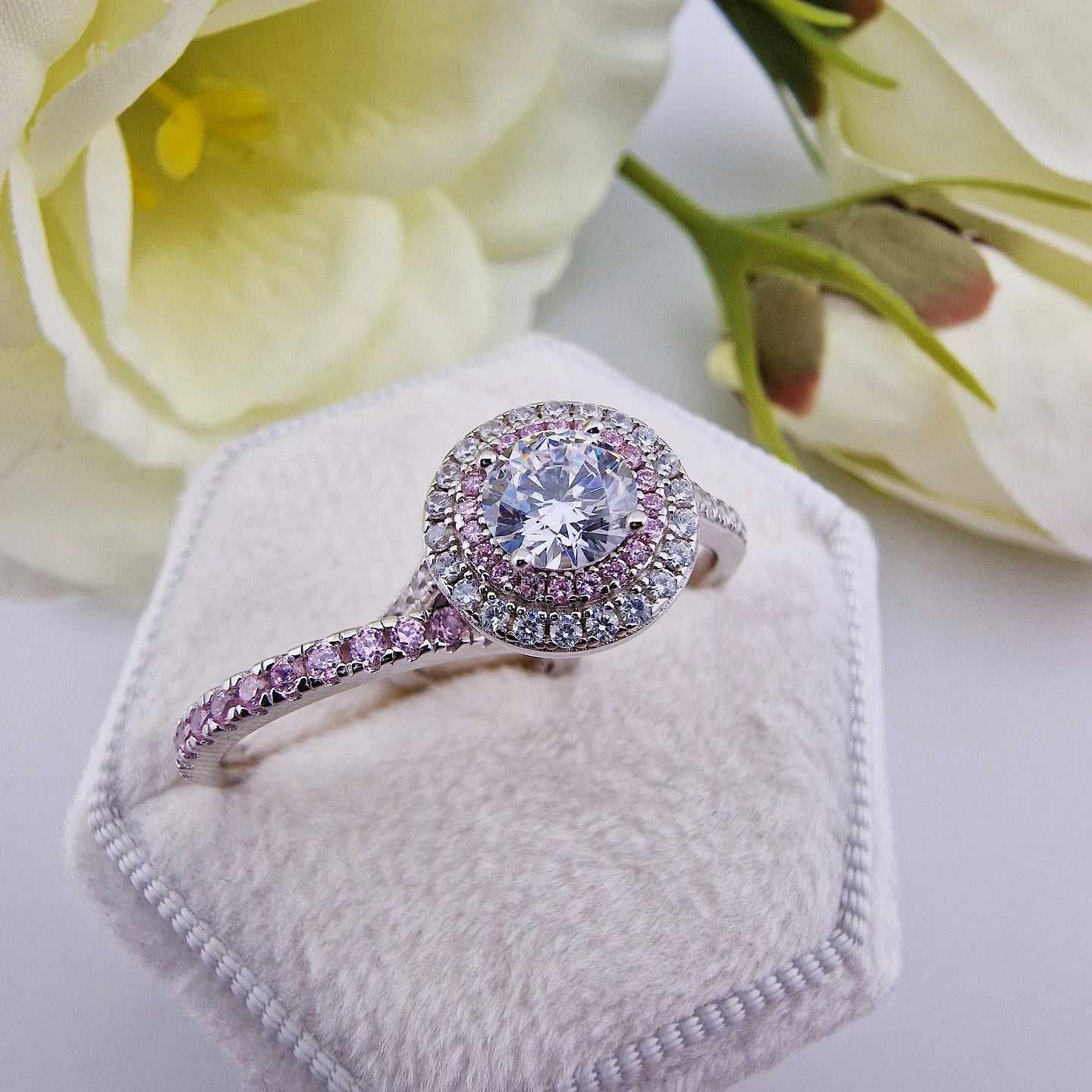 925 Sterling Silver Pink & White Round Halo Cz Ladies Bridal Ring Set