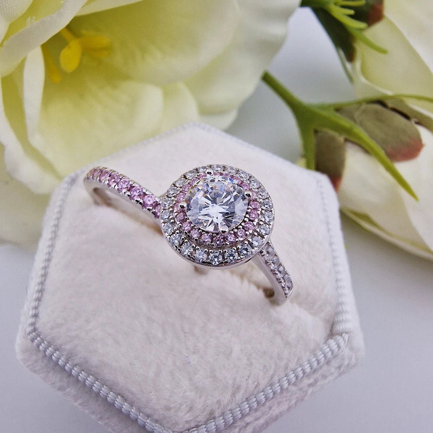 925 Sterling Silver Pink & White Round Halo Cz Ladies Bridal Ring Set