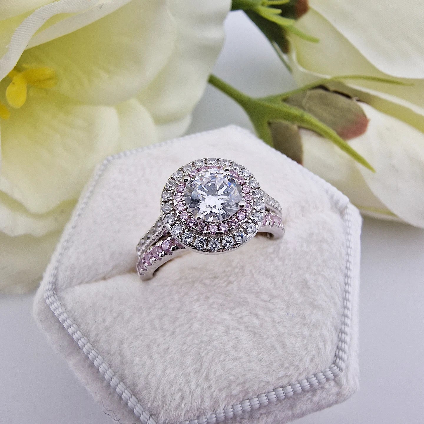 925 Sterling Silver Pink & White Round Halo Cz Ladies Bridal Ring Set