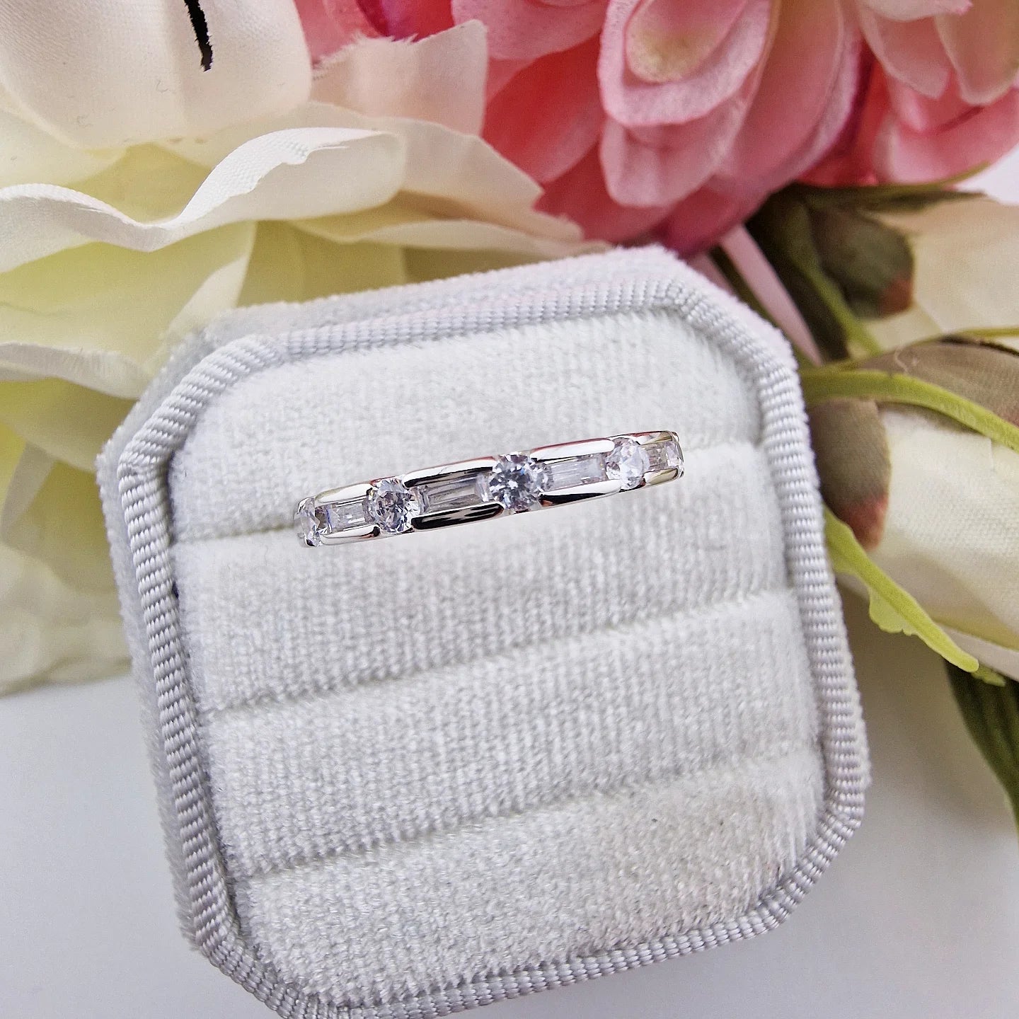 925 Sterling Silver Round & Baguette Cut Cz Ladies Half Eternity Ring