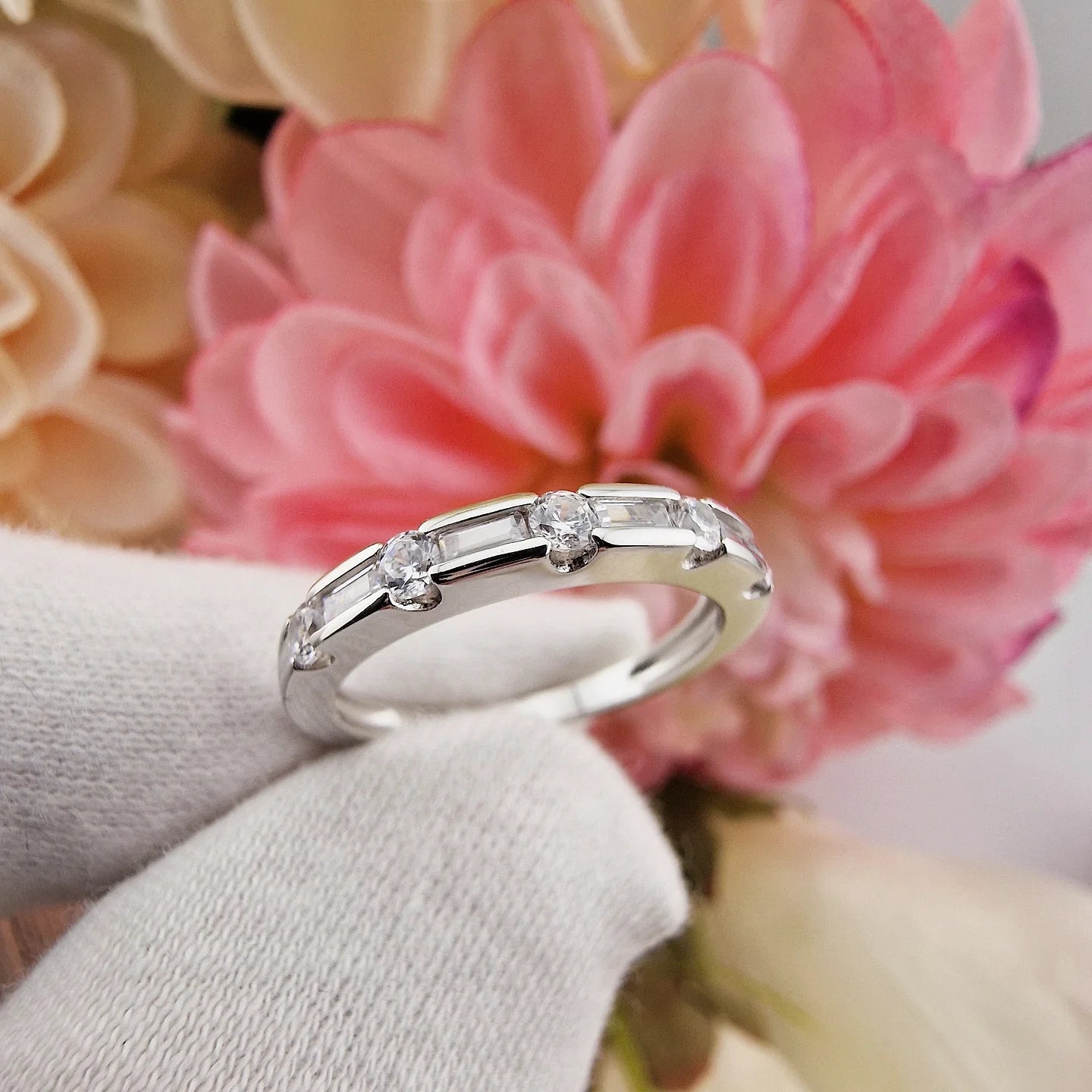 925 Sterling Silver Round & Baguette Cut Cz Ladies Half Eternity Ring