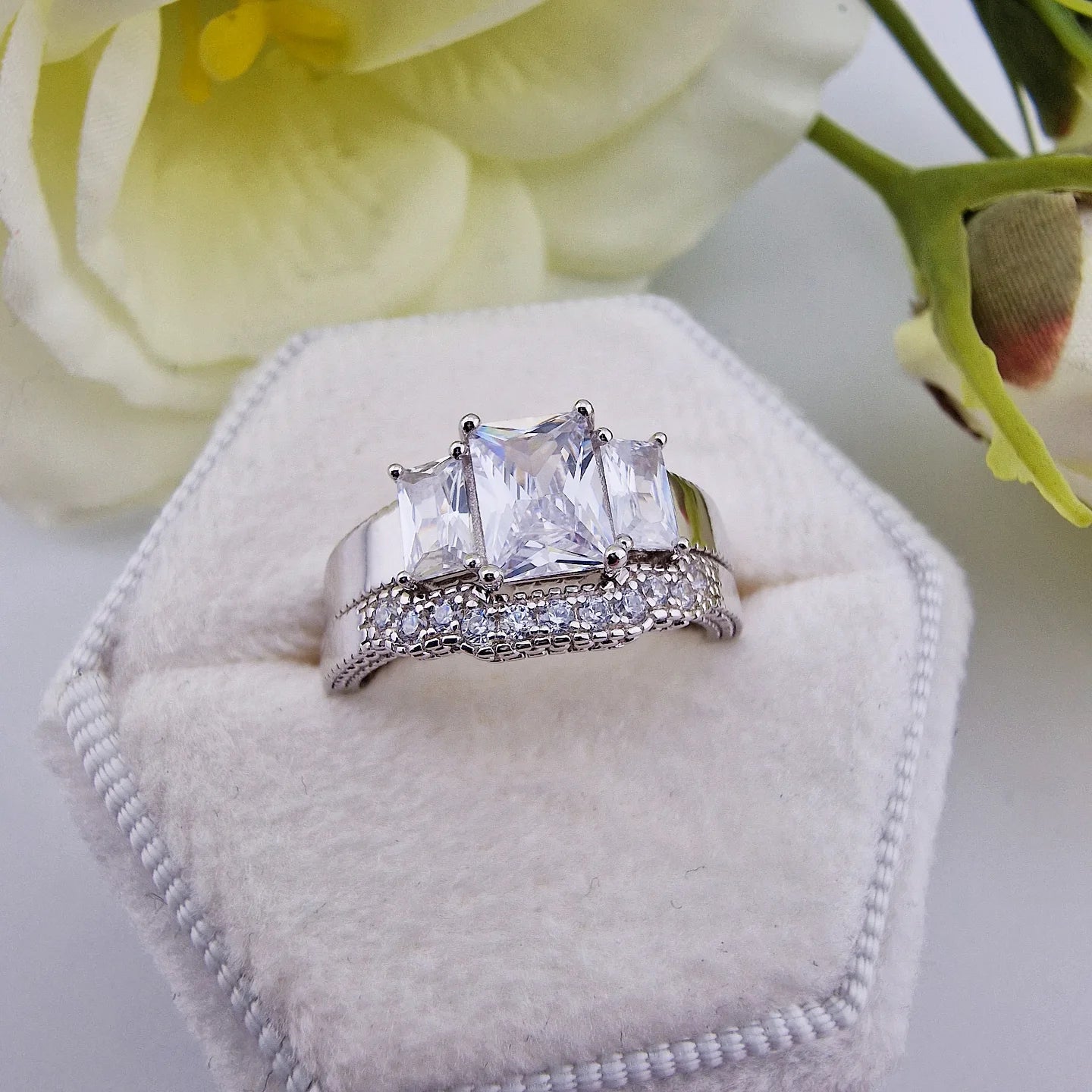 925 Sterling Silver Emerald Cut Cz Trilogy Ladies Bridal Ring Set