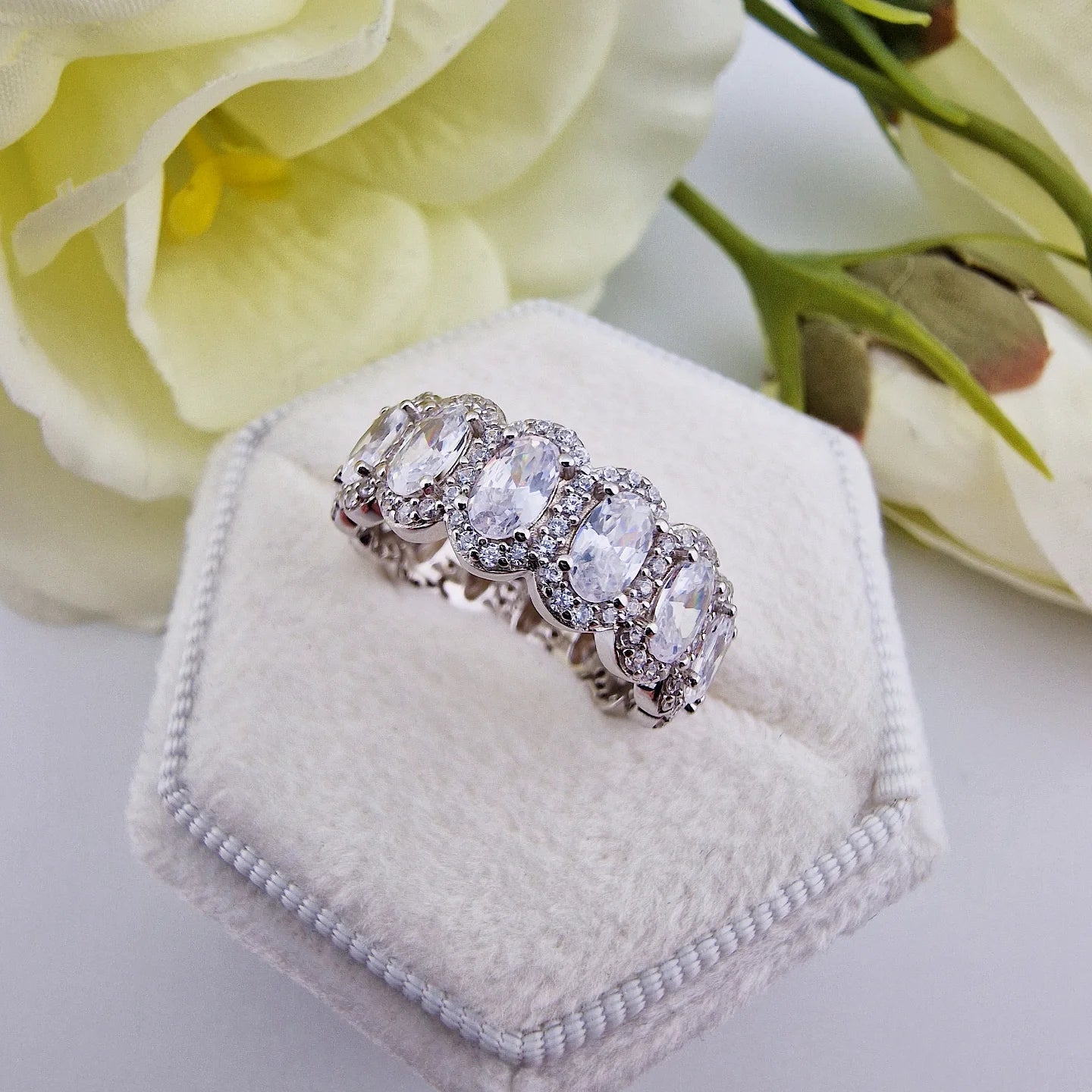 925 Sterling Silver Oval Halo Cz Ladies Full Eternity Ring