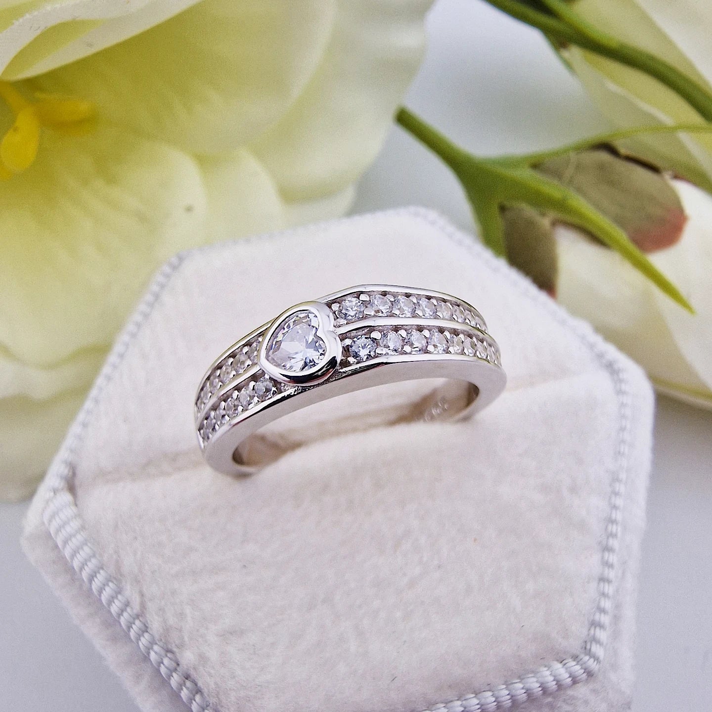 925 Sterling Silver Heart Rubover Cz Charm Ladies Half Eternity Ring