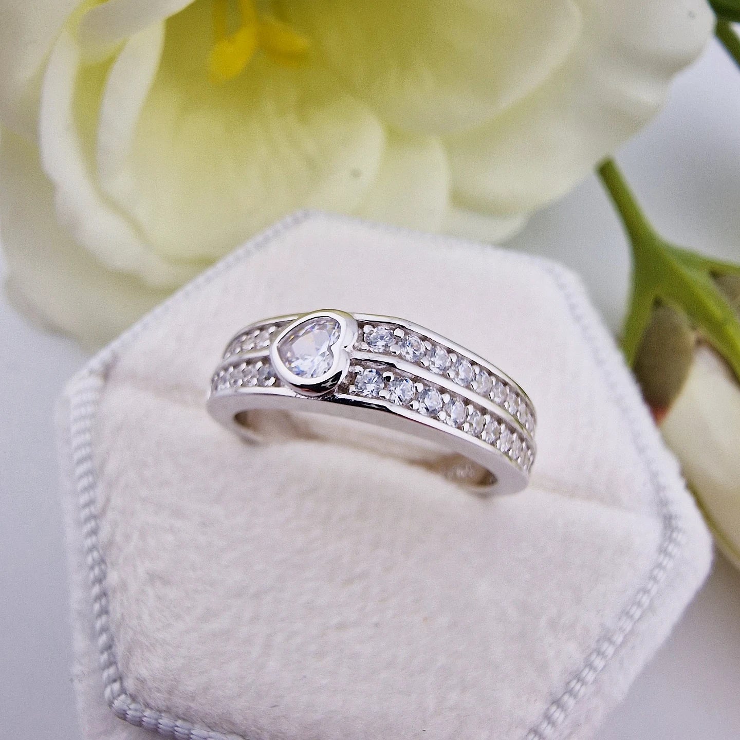 925 Sterling Silver Heart Rubover Cz Charm Ladies Half Eternity Ring
