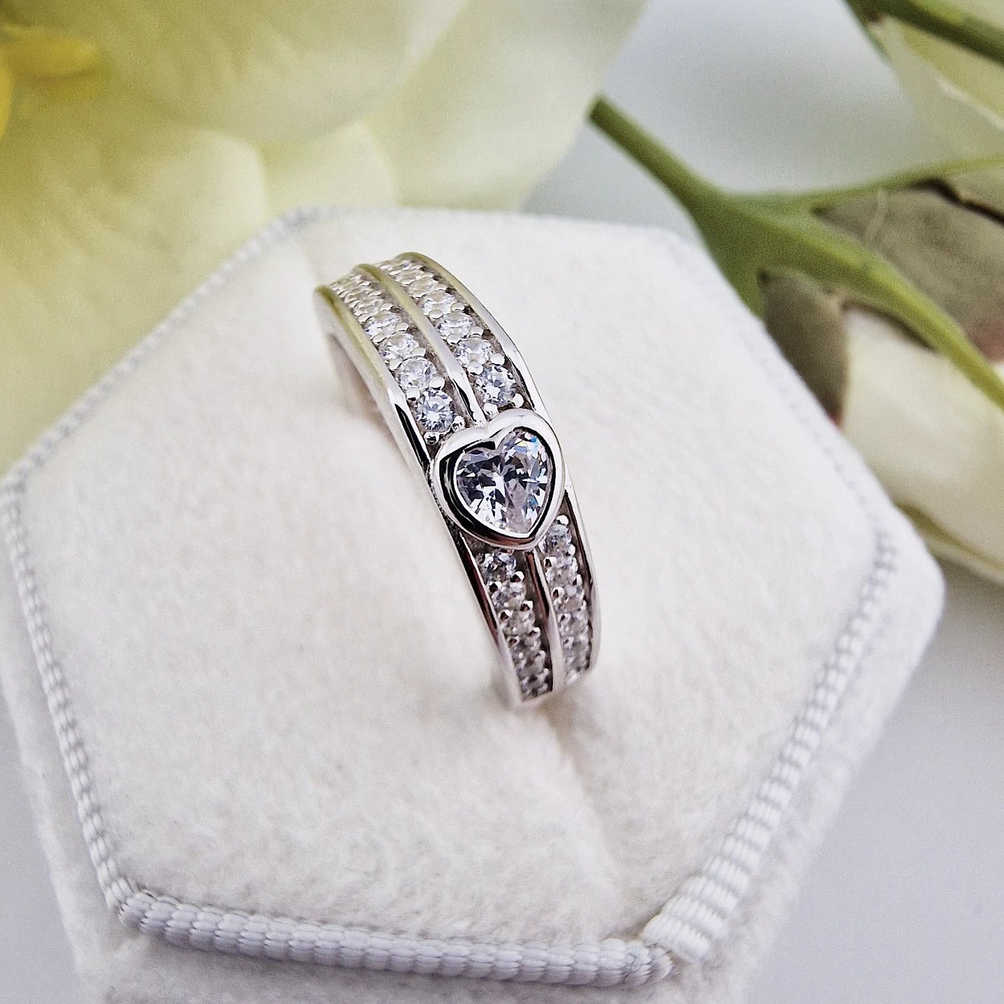 925 Sterling Silver Heart Rubover Cz Charm Ladies Half Eternity Ring
