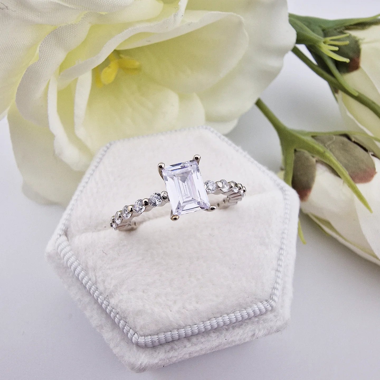 925 Sterling Silver Emerald Cut Cz Centre with Fancy Cz Band Ladies Ring