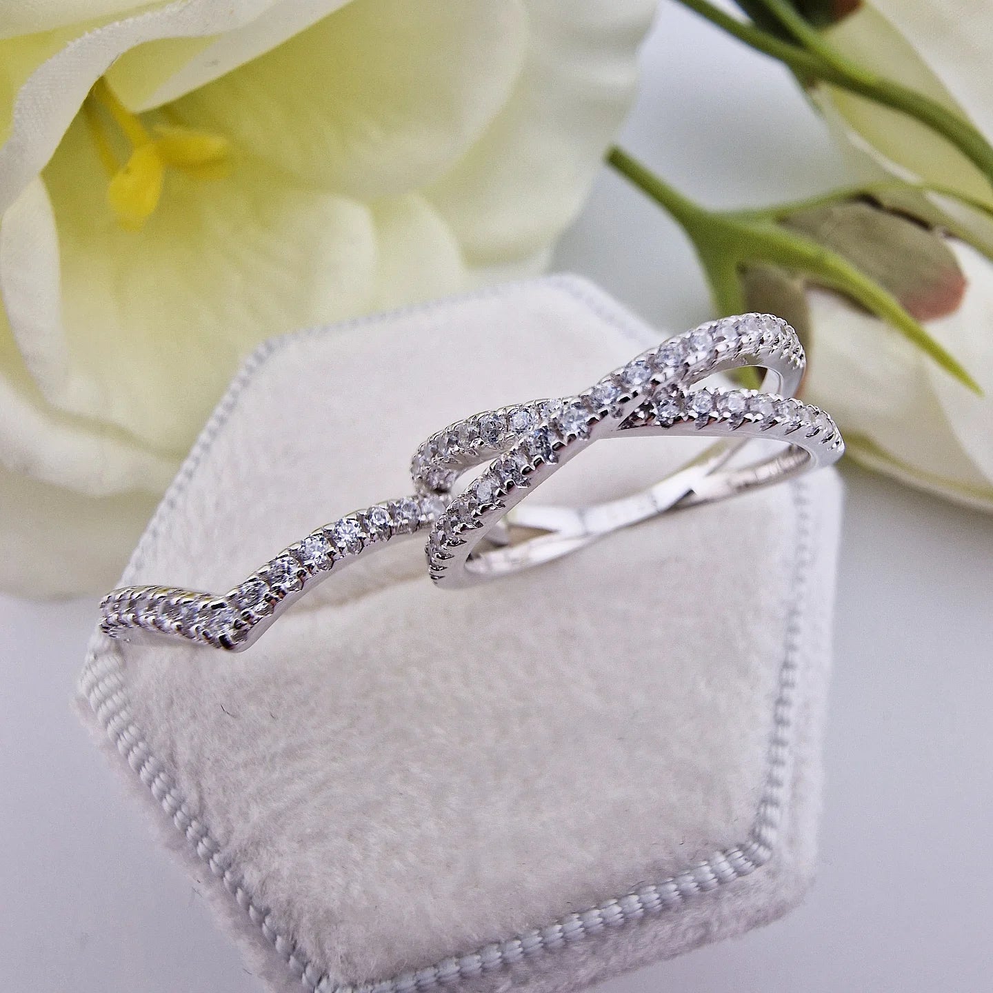 925 Sterling Silver Cz Crossover & Wishbone Ladies Ring Set