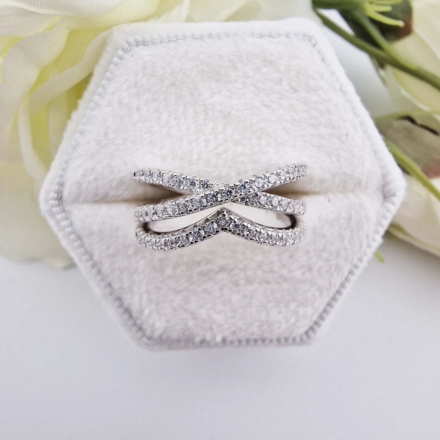 925 Sterling Silver Cz Crossover & Wishbone Ladies Ring Set