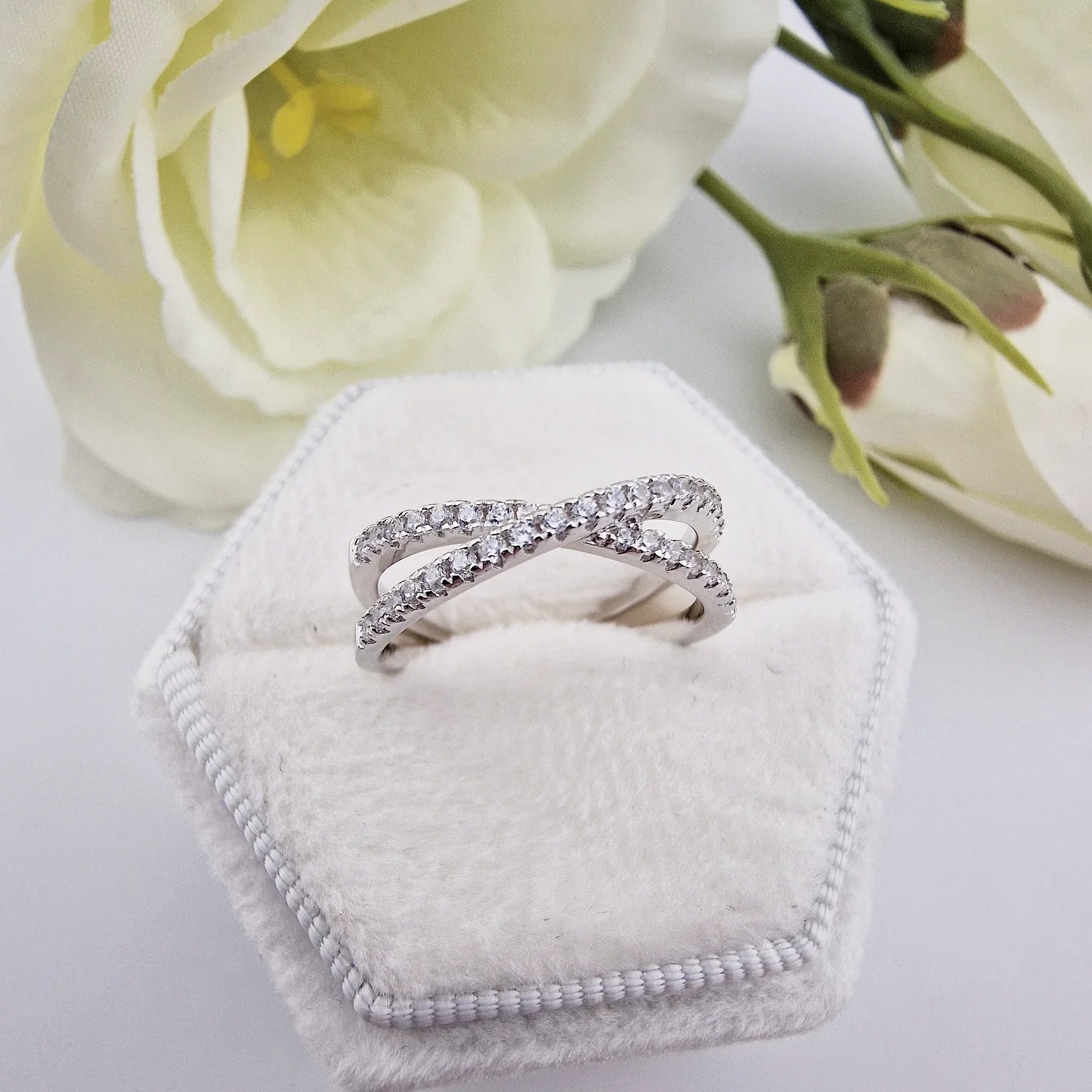 925 Sterling Silver Cz Crossover & Wishbone Ladies Ring Set