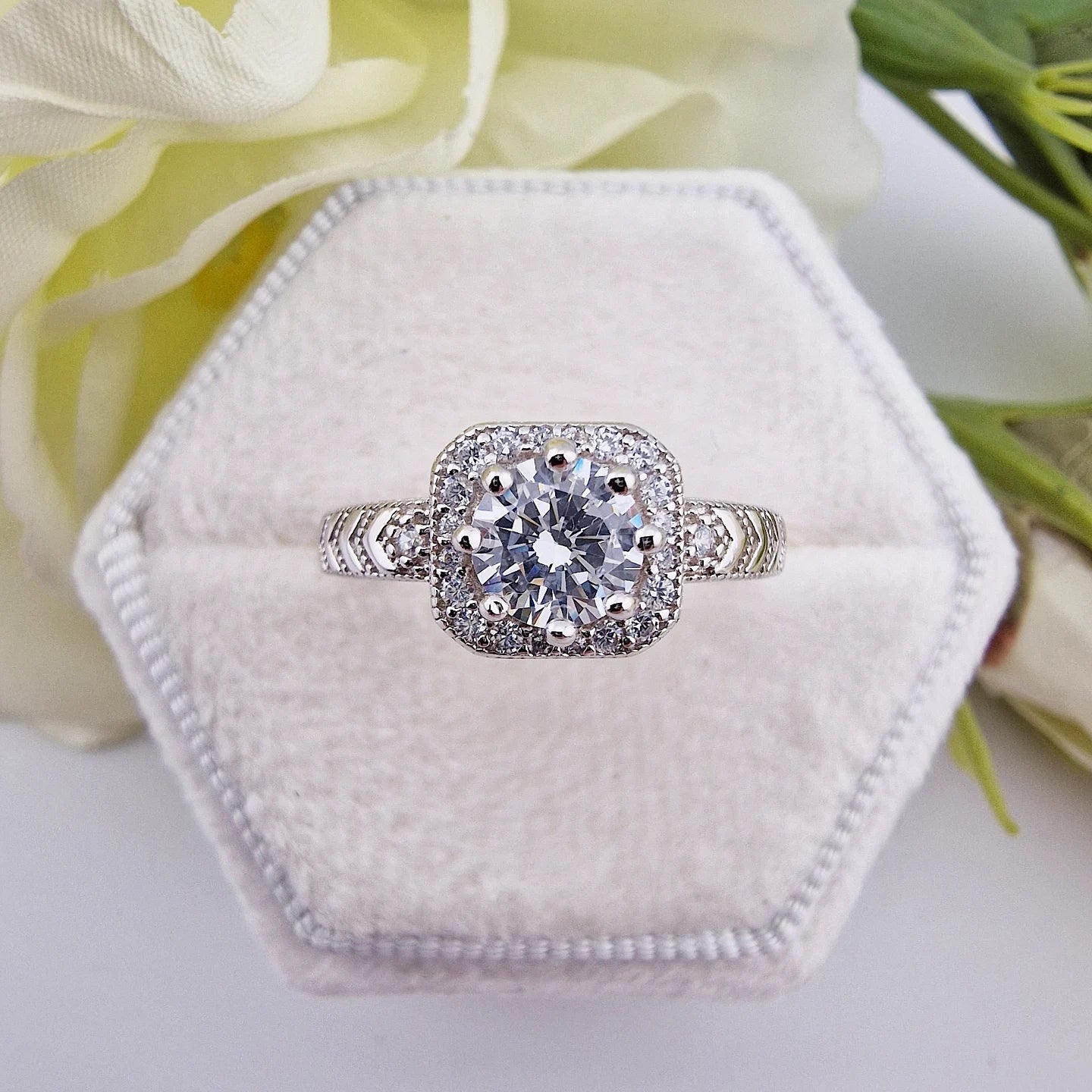 925 Sterling Silver Round Cz with Square Halo Ladies Ring