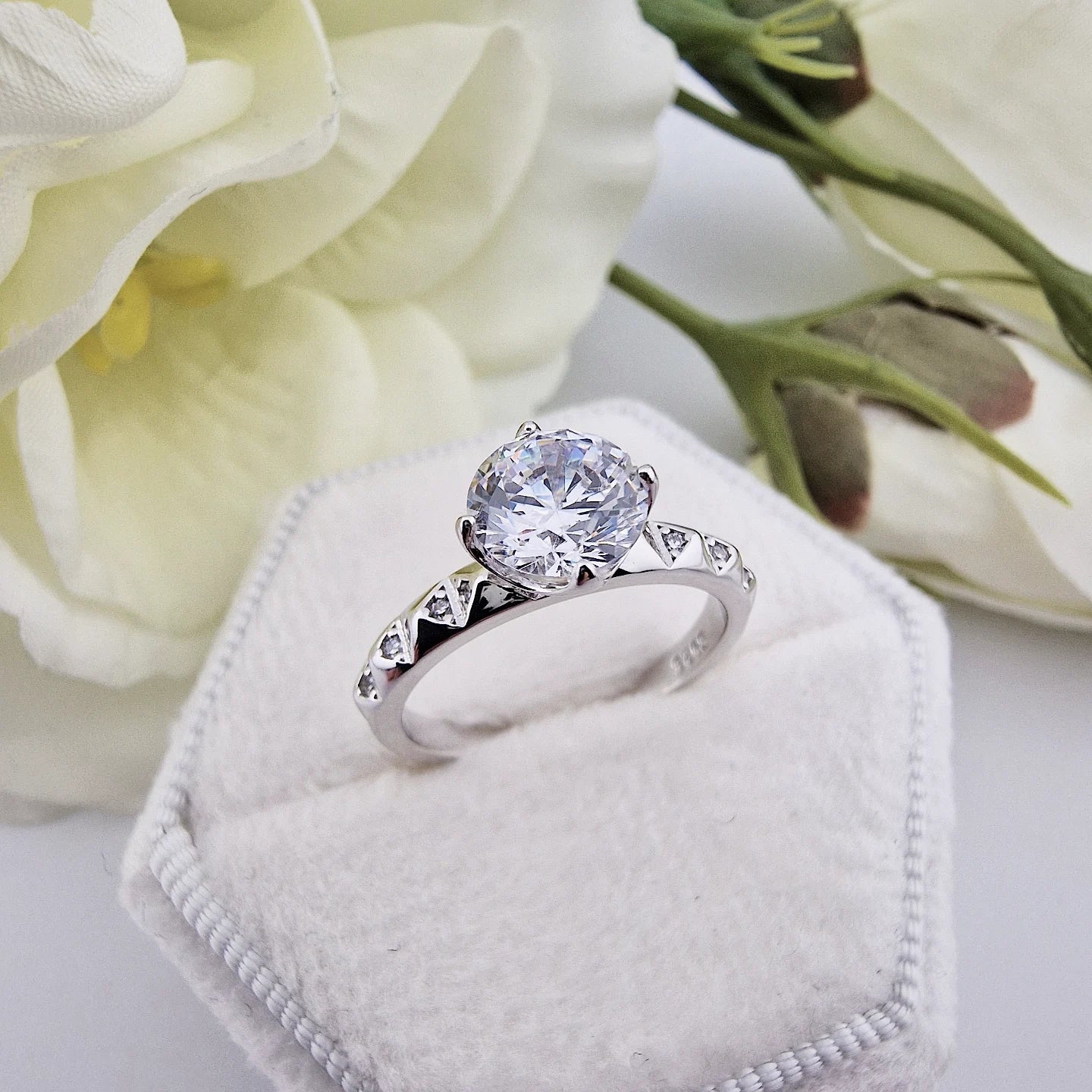 925 Sterling Silver  Cz Solitaire with Fancy Cz Band Ladies Ring