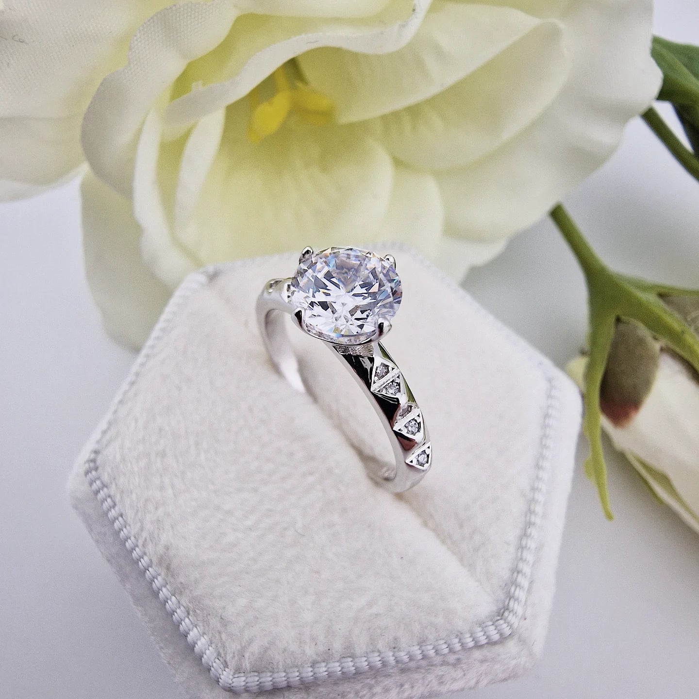 925 Sterling Silver  Cz Solitaire with Fancy Cz Band Ladies Ring