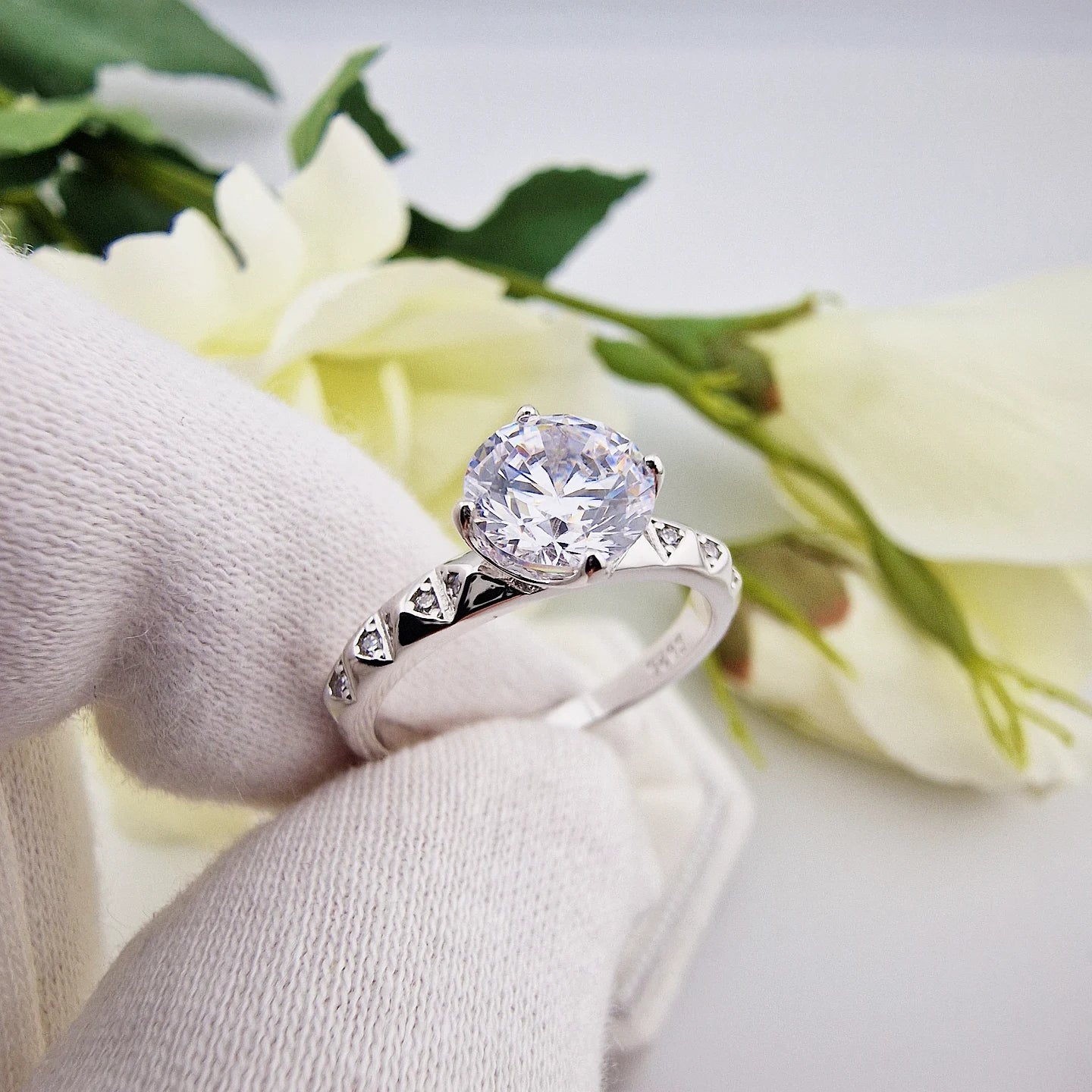925 Sterling Silver  Cz Solitaire with Fancy Cz Band Ladies Ring